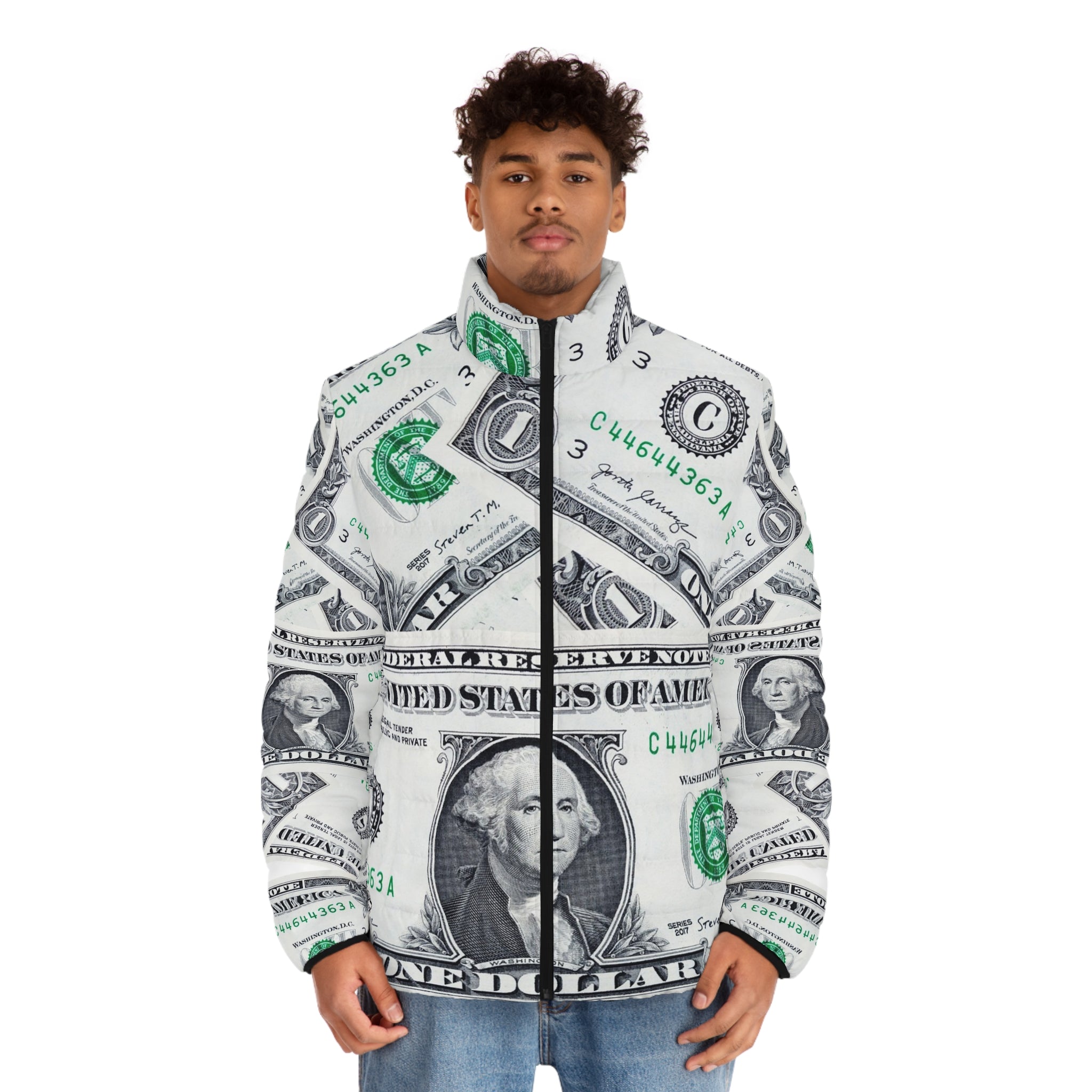 Money Collage Men's Puffer Jacket (AOP), Artsulli - Art is Long, Life is Short, All Over Prints, , , , , , , 