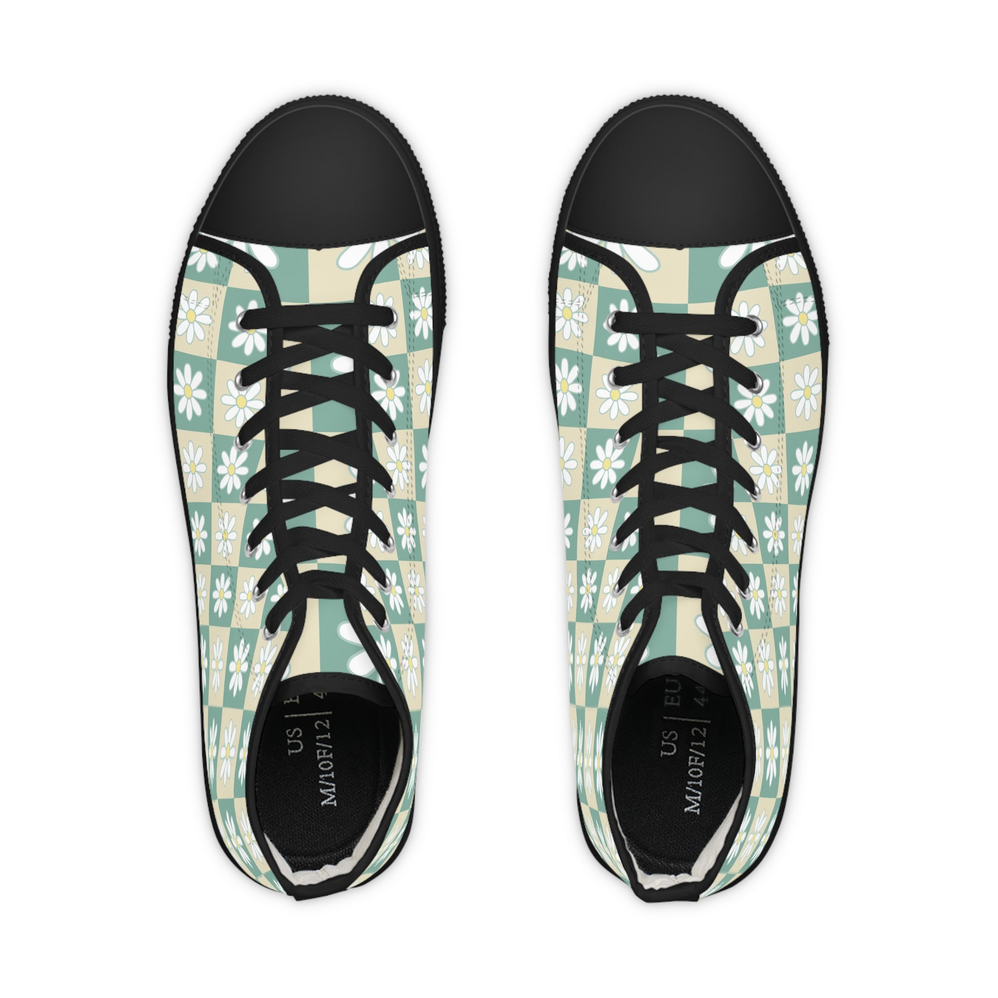 Retro Daisy Checkerboard Green and Tan Men's High Top Sneakers, Artsulli - Art is Long, Life is Short, Shoes, , , , , , , 
