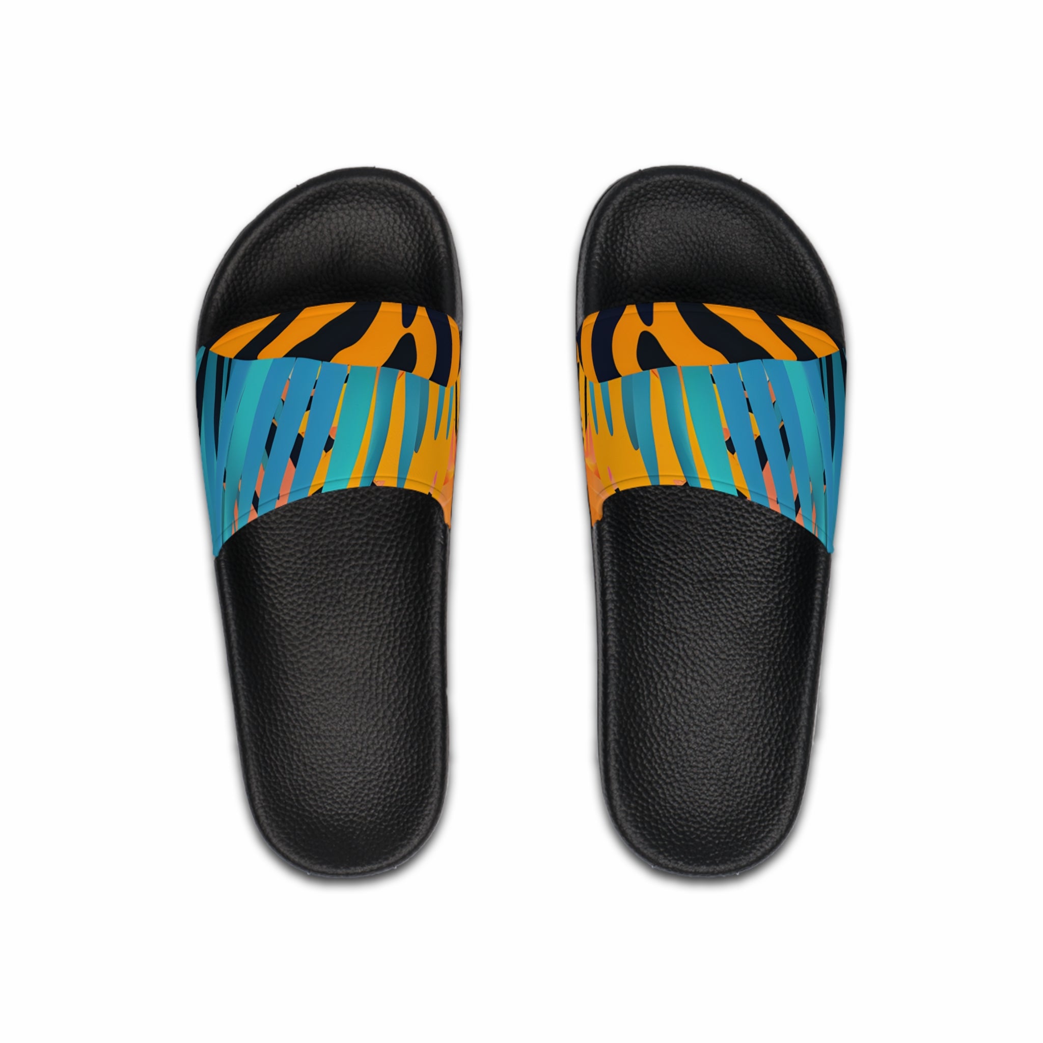 Palm Leaves x Tiger Stripes Orange and Blue Stripes Men's Slide Sandals, Artsulli - Art is Long, Life is Short, Shoes, Color, Black sole, Size, US 6, , , 89646824035647