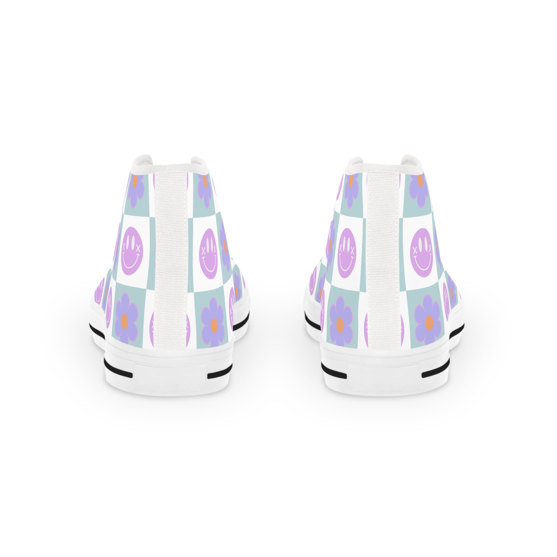 Flower x Smiley Face x Checkerboard Purple Men's High Top Sneakers, Artsulli - Art is Long, Life is Short, Shoes, , , , , , , 