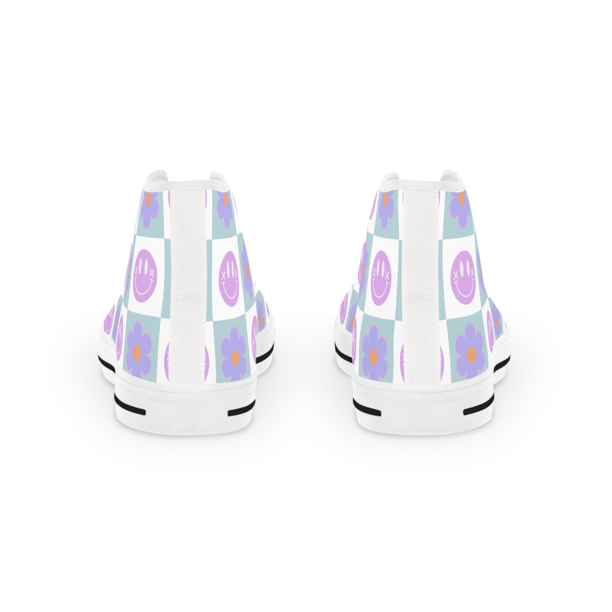 Flower x Smiley Face x Checkerboard Purple Men's High Top Sneakers, Artsulli - Art is Long, Life is Short, Shoes, , , , , , , 