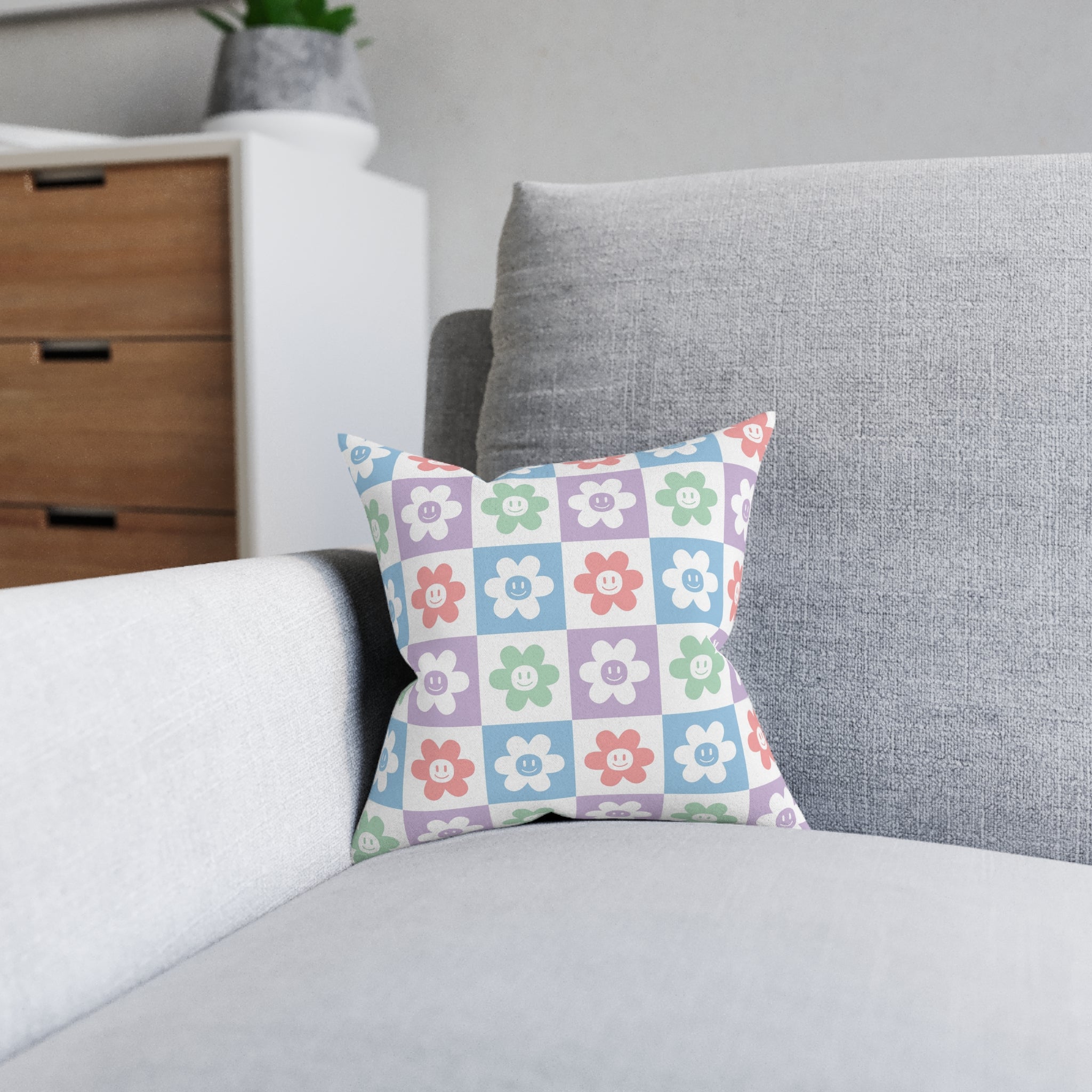 Chessboard x Smiley Face Flowers II Multi-Color Square Pillow - Pink Back, Artsulli - Art is Long, Life is Short, Home Decor, , , , , , , 