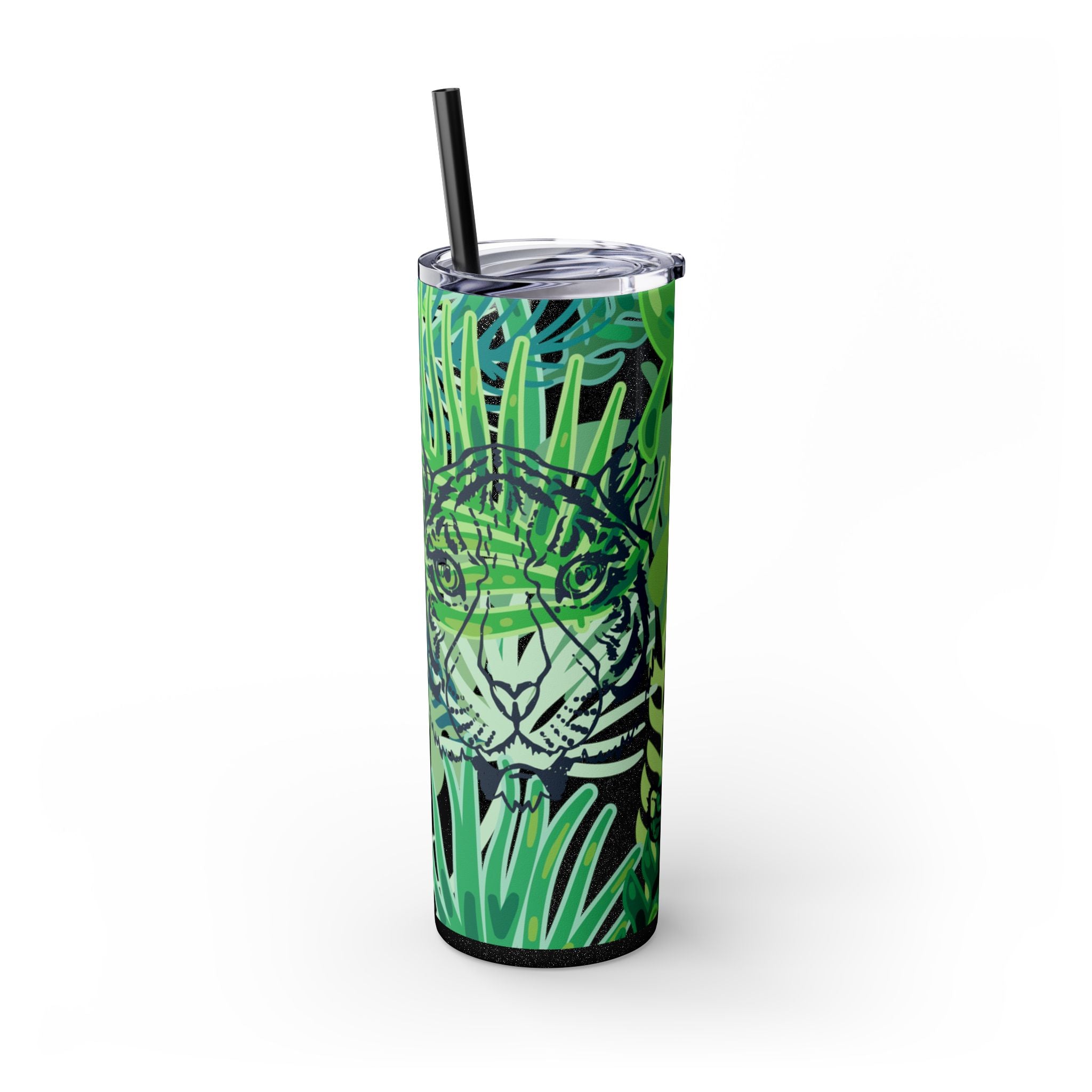 Tropical Jungle Tigers Green Skinny Tumbler with Straw, 20oz, Artsulli - Art is Long, Life is Short, Mug, , , , , , , 