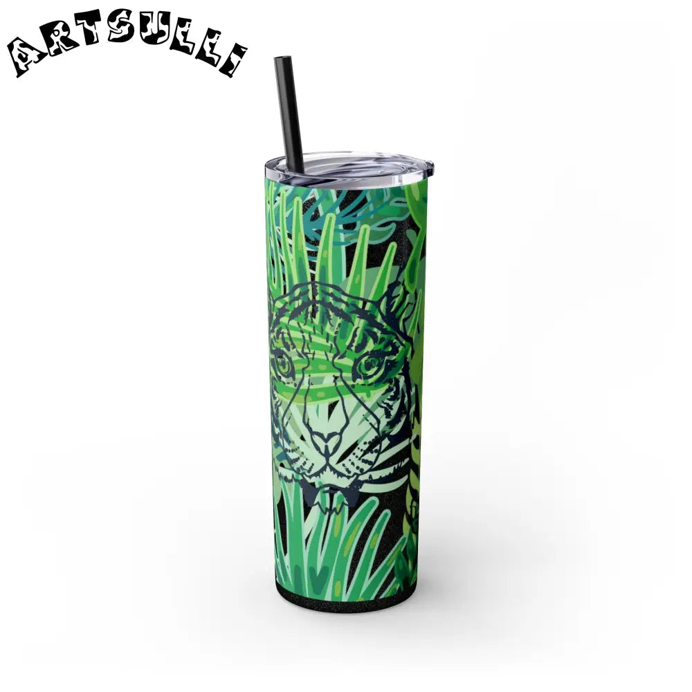 JAKKOUTTHEBXX Tropical Jungle Tigers Green Skinny Tumbler with Straw