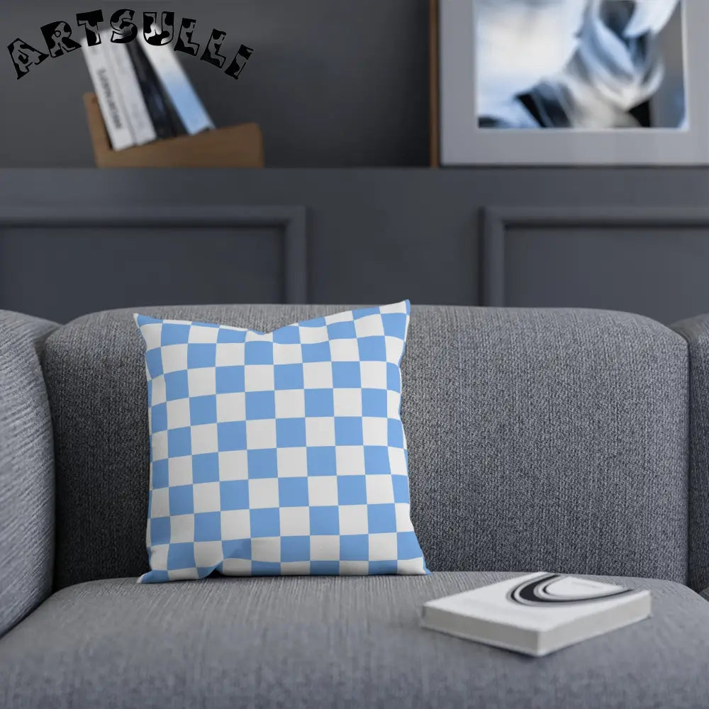 JAKKOUTTHEBXX Checkerboard White and Light Blue Cushion