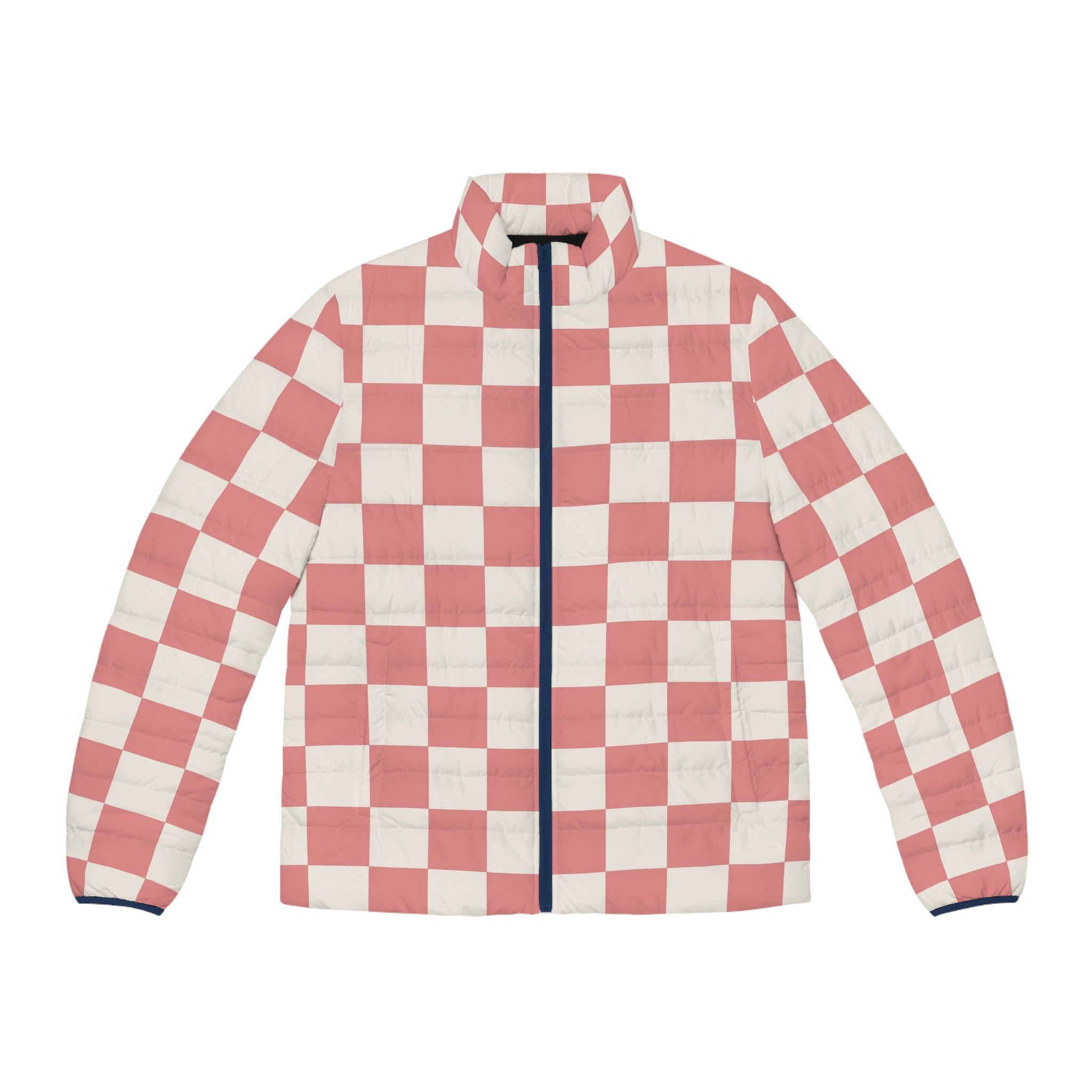 Retro Checkered Grassland Sprites Men's Puffer Jacket (AOP), Artsulli - Art is Long, Life is Short, All Over Prints, Size, S, Color, Dark blue zipper, , , 10185827481534330077