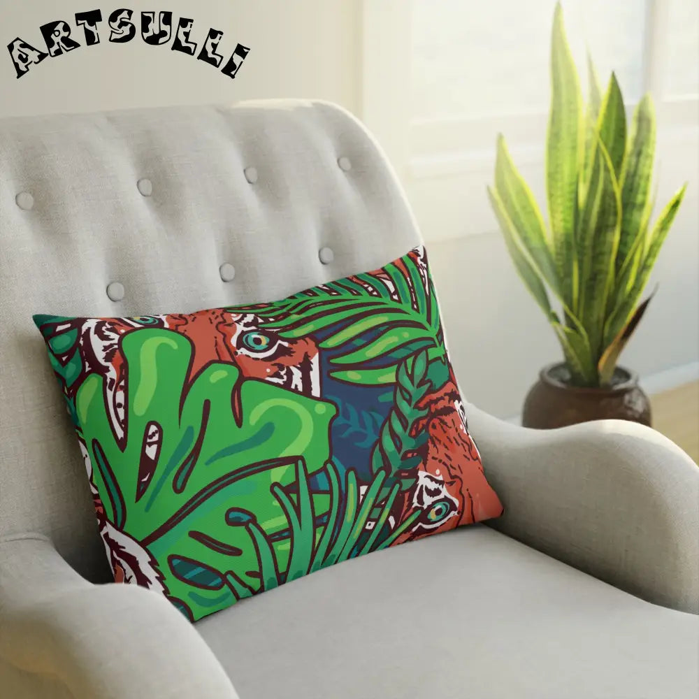 JAKKOUTTHEBXX Tropical Jungle Tigers Blue and Green Cushion