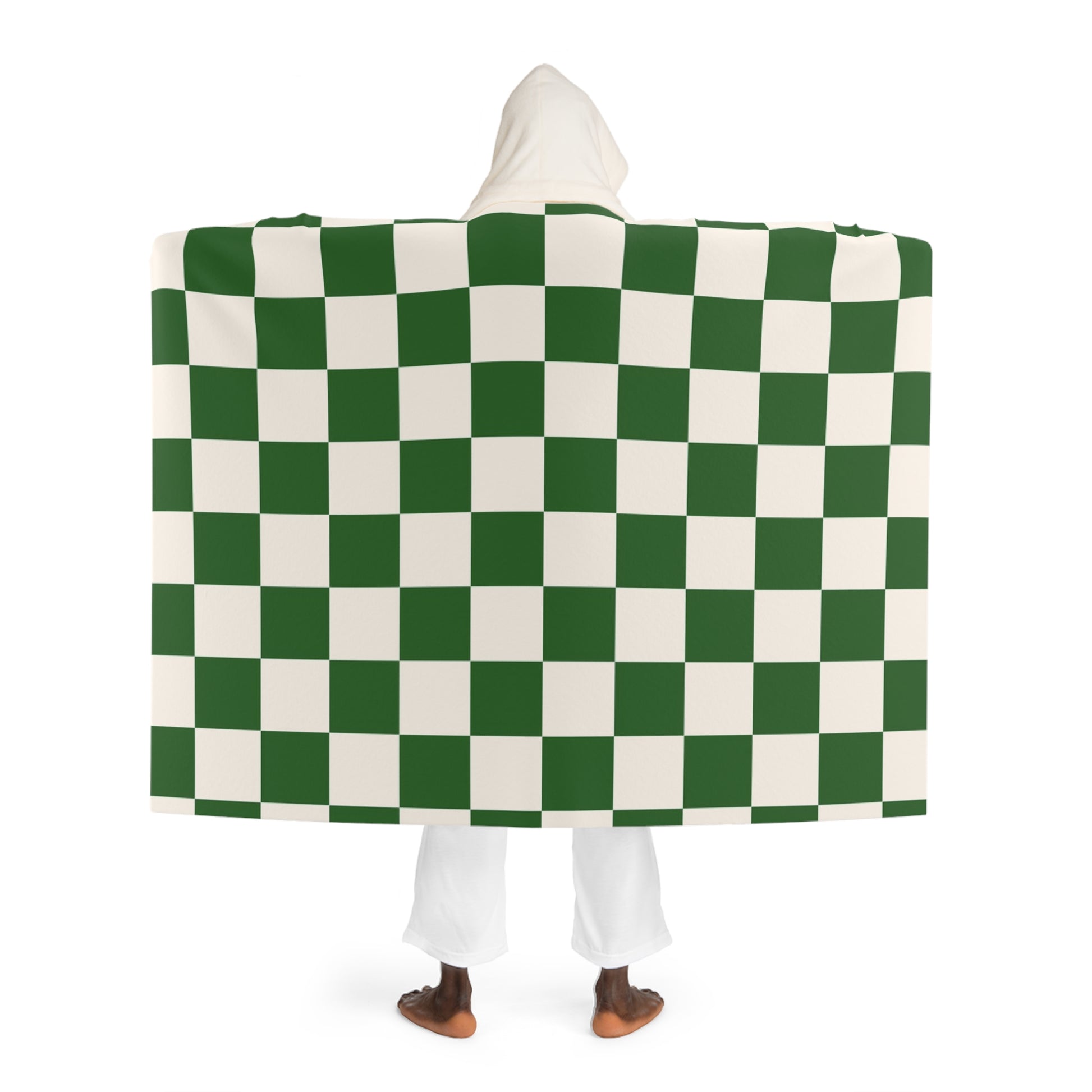Checkerboard White and Dark Green Hooded Sherpa Fleece Blanket, Artsulli - Art is Long, Life is Short, All Over Prints, , , , , , , 