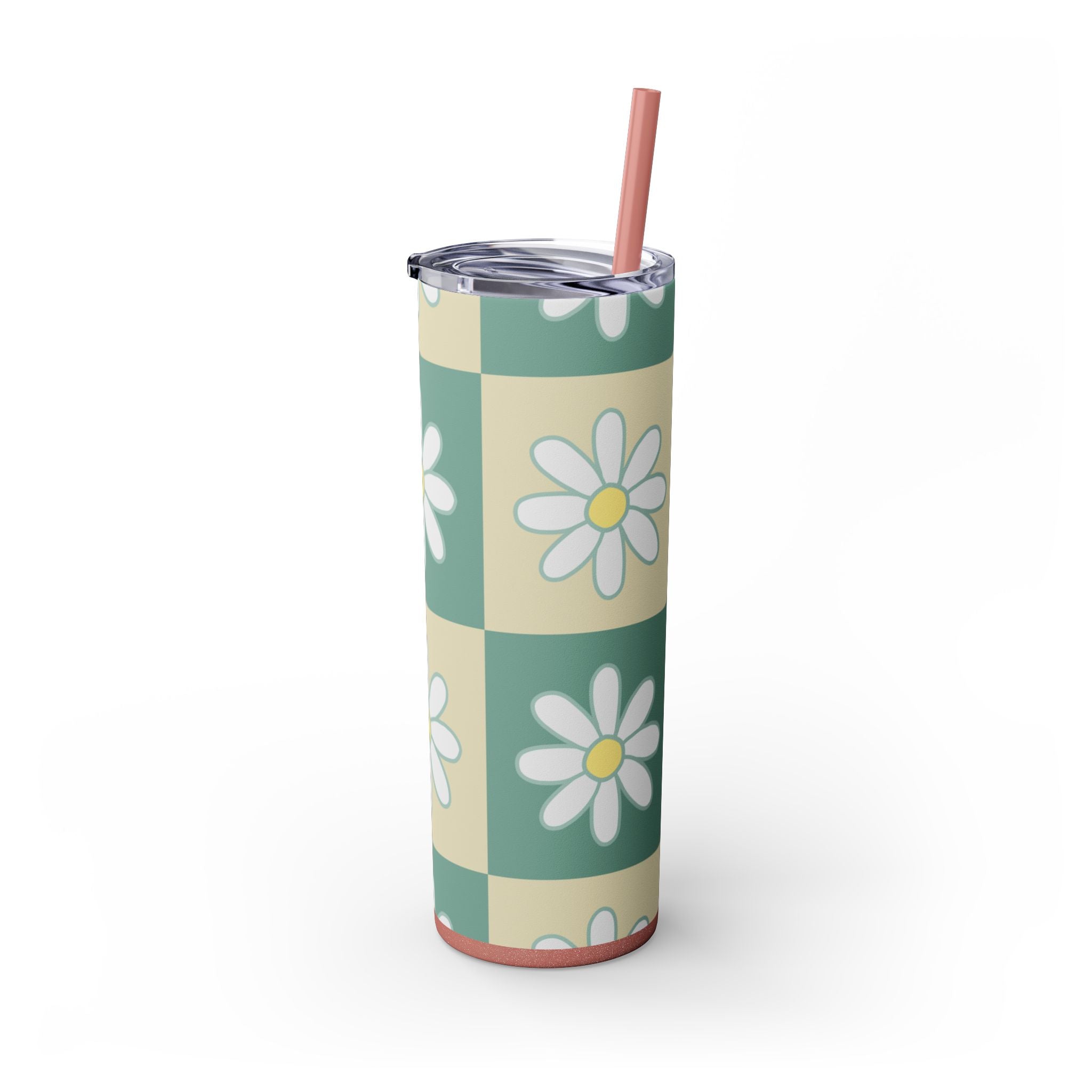 Retro Daisy Checkerboard Green and Tan Skinny Tumbler with Straw, 20oz, Artsulli - Art is Long, Life is Short, Mug, , , , , , , 