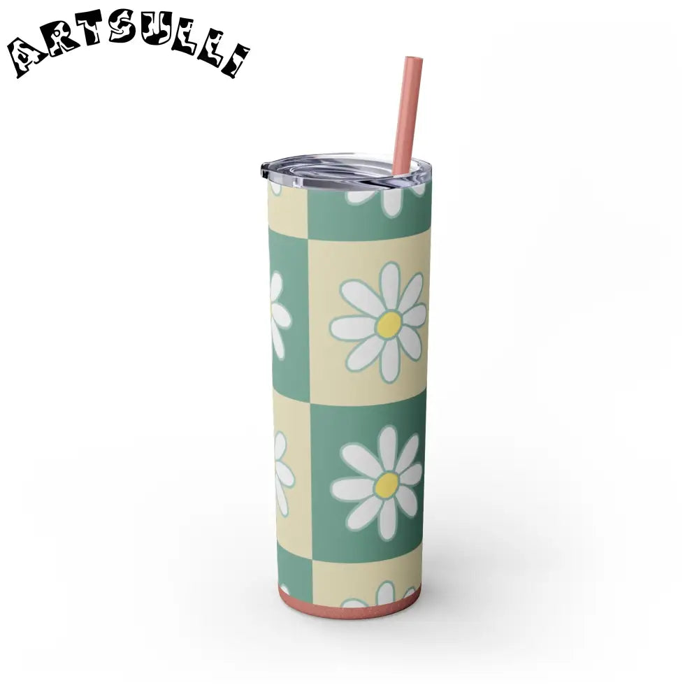 JAKKOUTTHEBXX Retro Daisy Checkerboard Green and Tan Skinny Tumbler