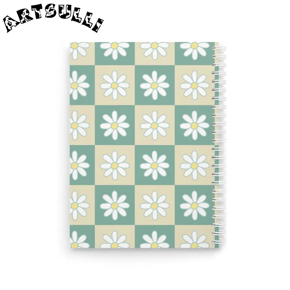 JAKKOUTTHEBXX Retro Daisy Checkerboard Green and Tan Spiral Notebook