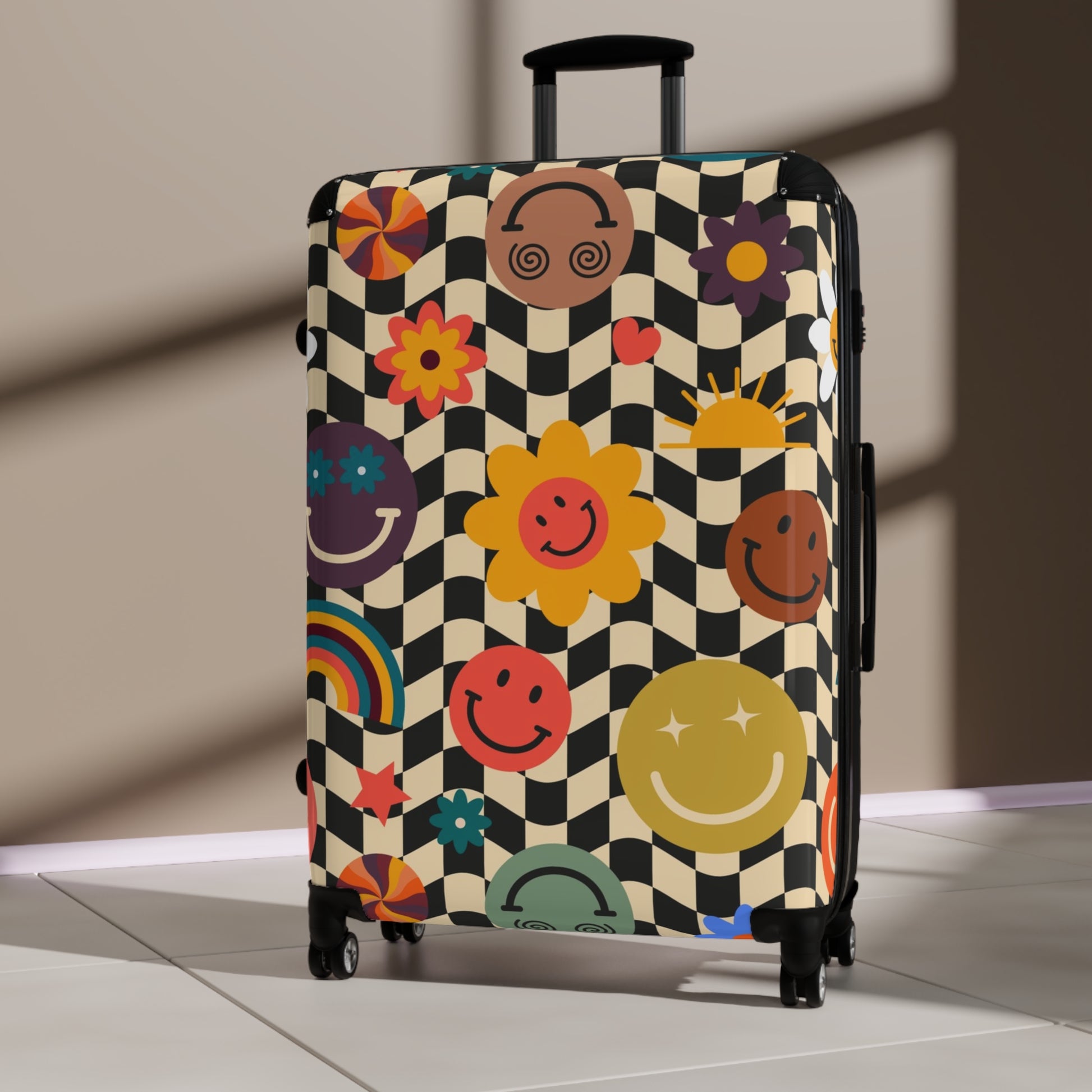 Trippy x Wavy Checkerboard x Smiley Face x Rainbow x Flowers Multi-Color Suitcase, Artsulli - Art is Long, Life is Short, Bags, , , , , , , 
