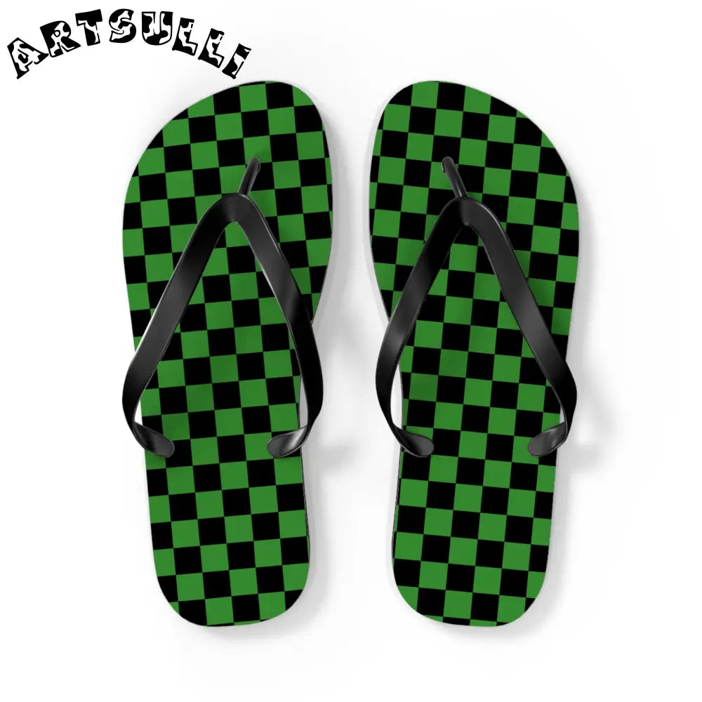 JAKKOUTTHEBXX Checkerboard Green and Black Flip Flops JAKKOUTTHEBXX