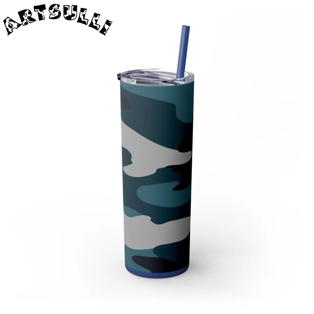 JAKKOUTTHEBXX Blue Camouflage Skinny Tumbler with Straw 20oz