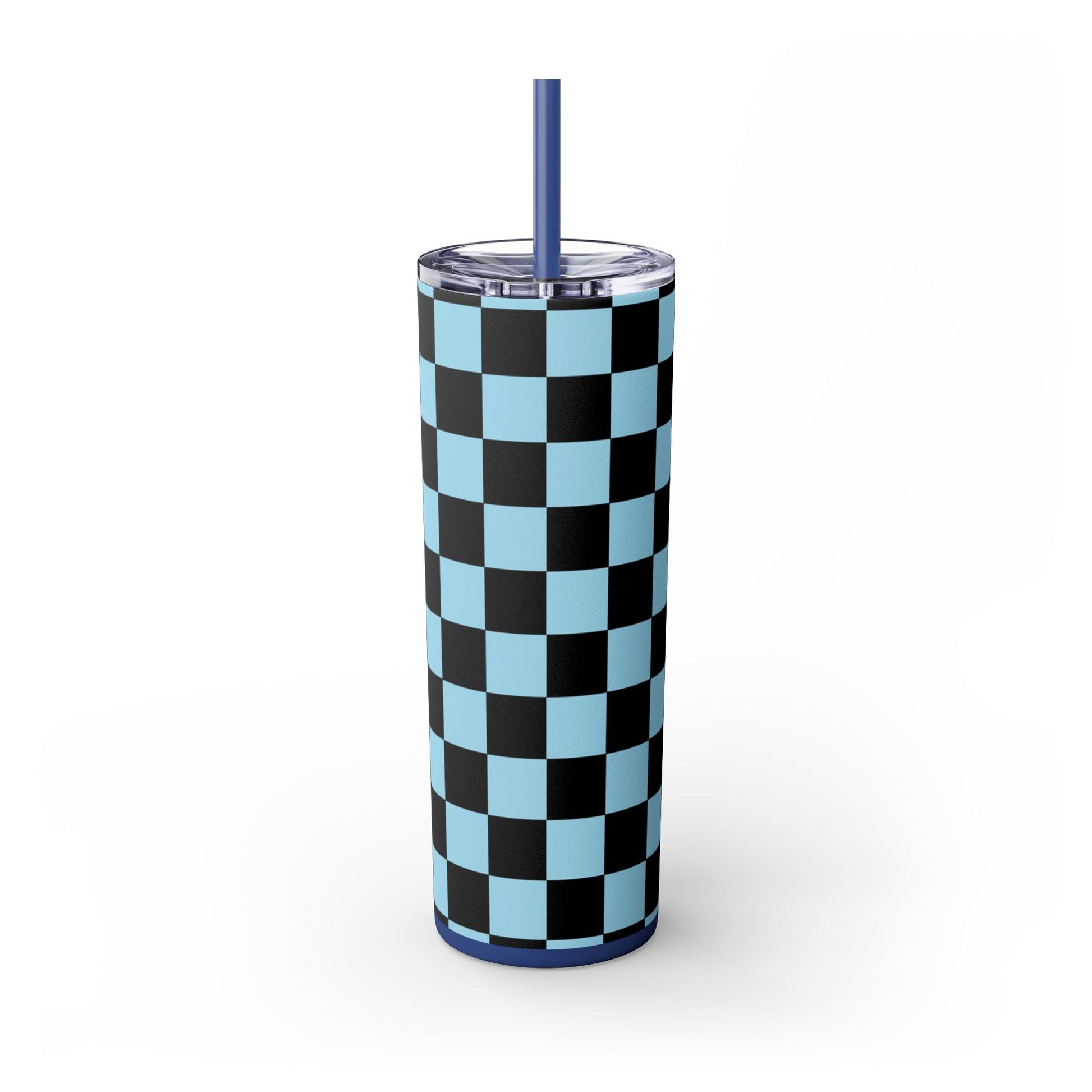 Checkerboard Black and Blue Skinny Tumbler with Straw, 20oz, Artsulli - Art is Long, Life is Short, Mug, , , , , , , 