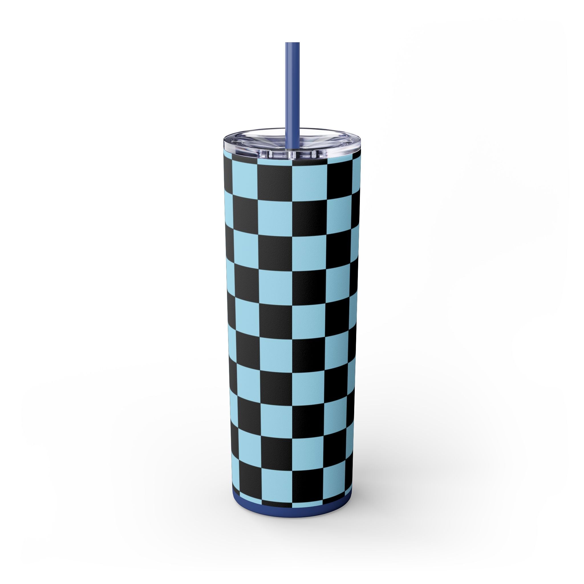 Checkerboard Black and Blue Skinny Tumbler with Straw, 20oz, Artsulli - Art is Long, Life is Short, Mug, , , , , , , 