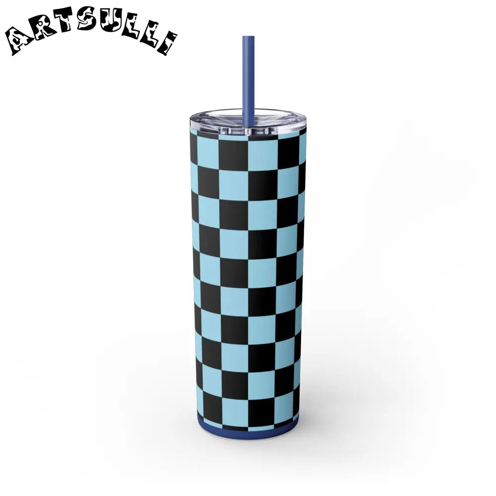JAKKOUTTHEBXX Checkerboard Black and Blue Skinny Tumbler with Straw