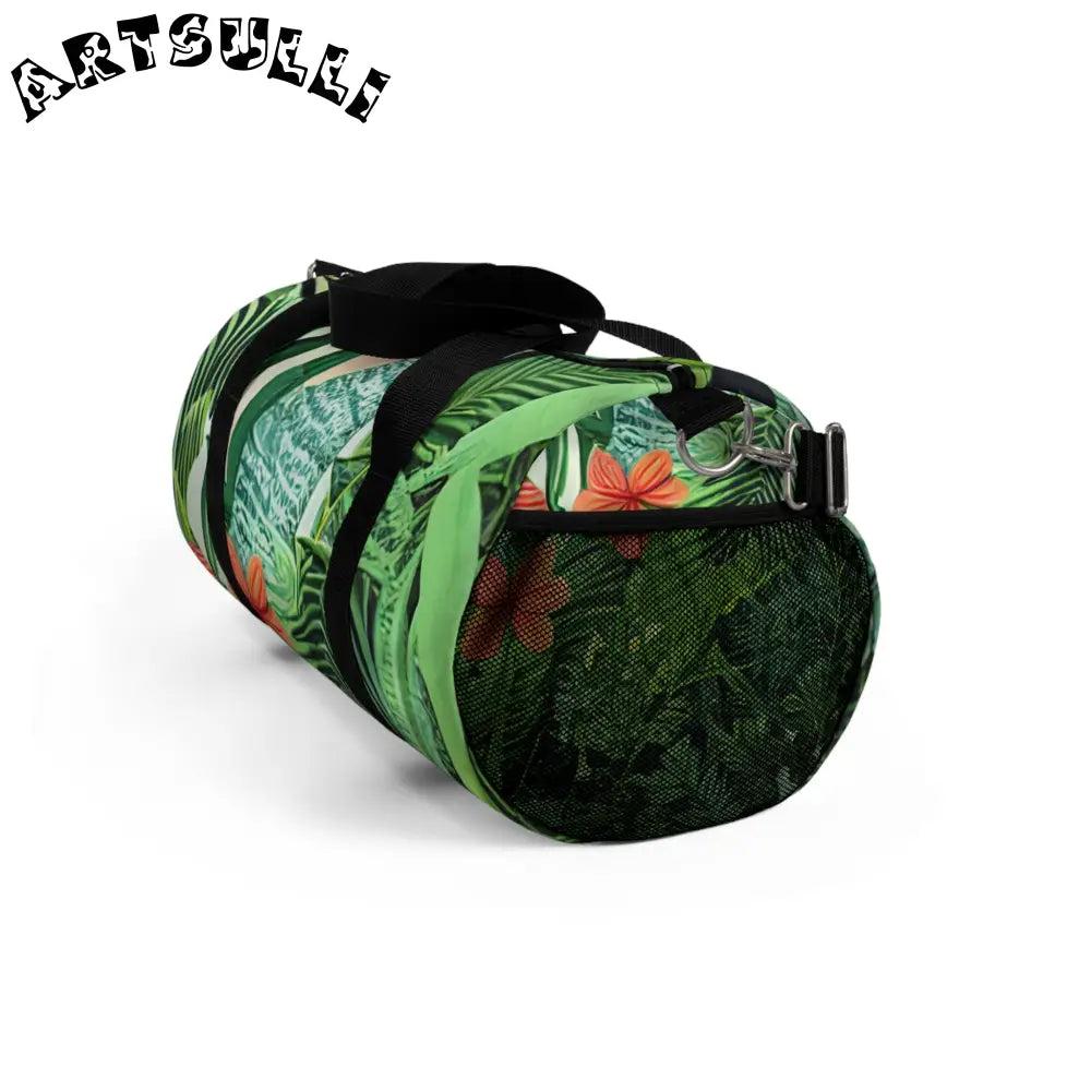 JAKKOUTTHEBXX Tropical Leaf and Flower Print Duffel Bags with Black