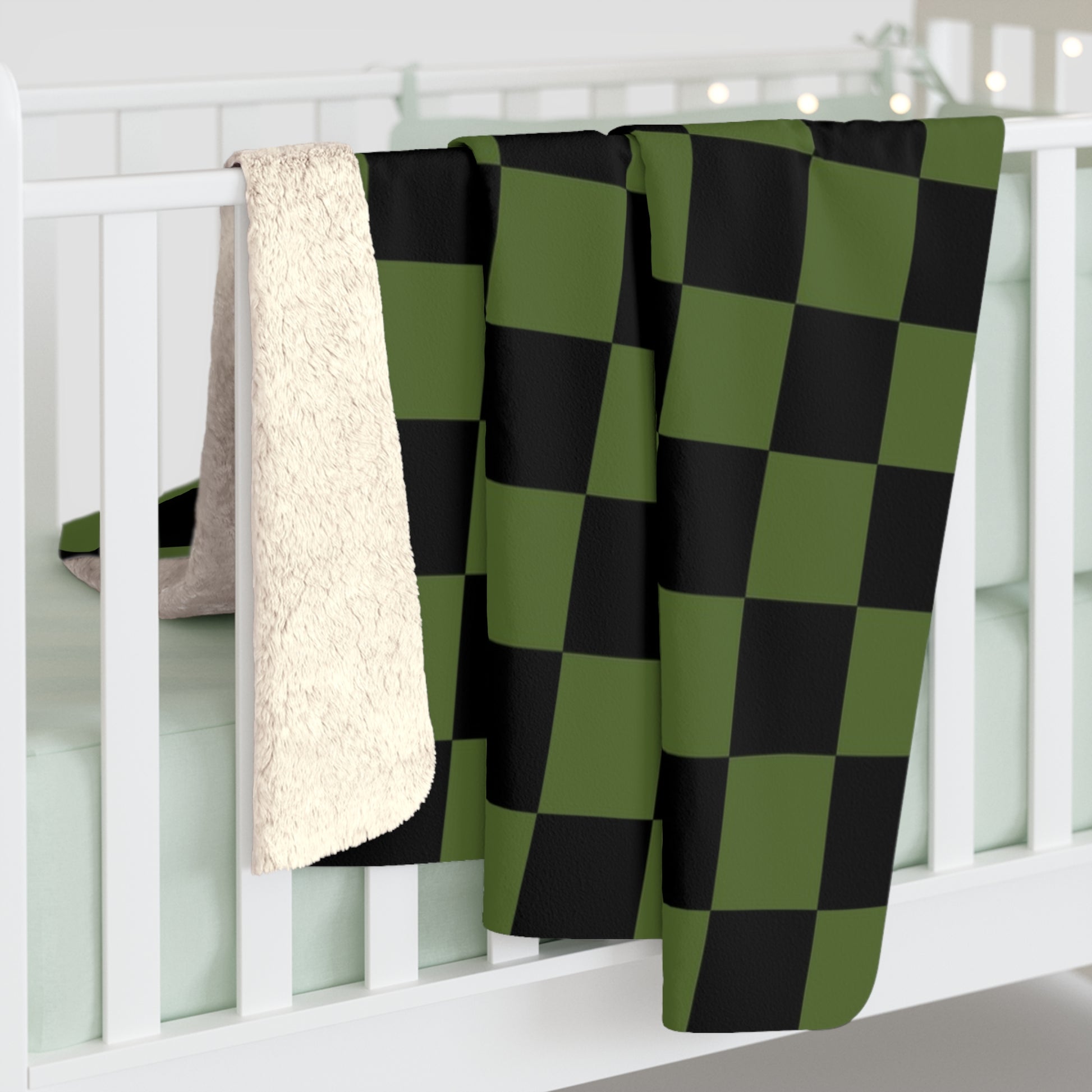 Checkerboard Olive Green and Black Sherpa Fleece Blanket, Artsulli - Art is Long, Life is Short, Home Decor, , , , , , , 