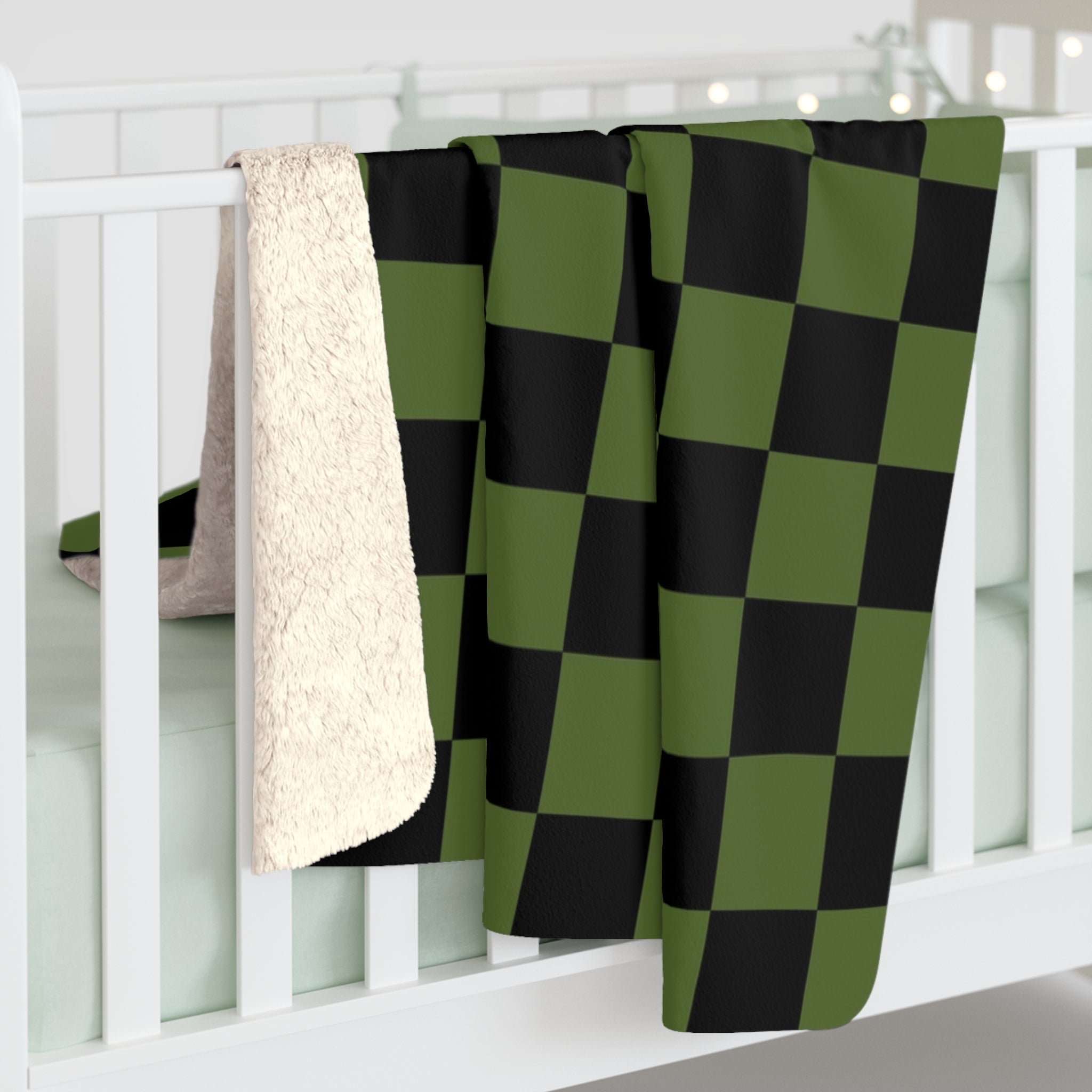 Checkerboard Olive Green and Black Sherpa Fleece Blanket, Artsulli - Art is Long, Life is Short, Home Decor, , , , , , , 
