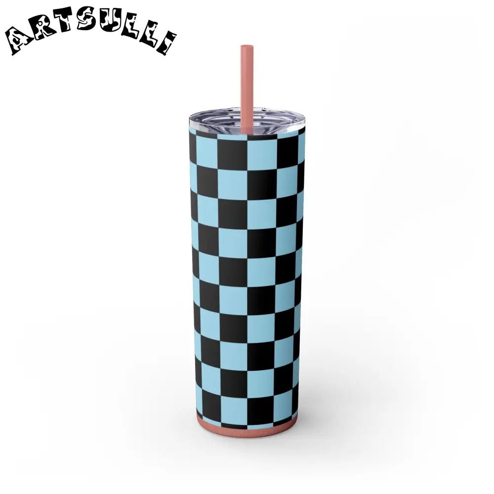JAKKOUTTHEBXX Checkerboard Black and Blue Skinny Tumbler with Straw