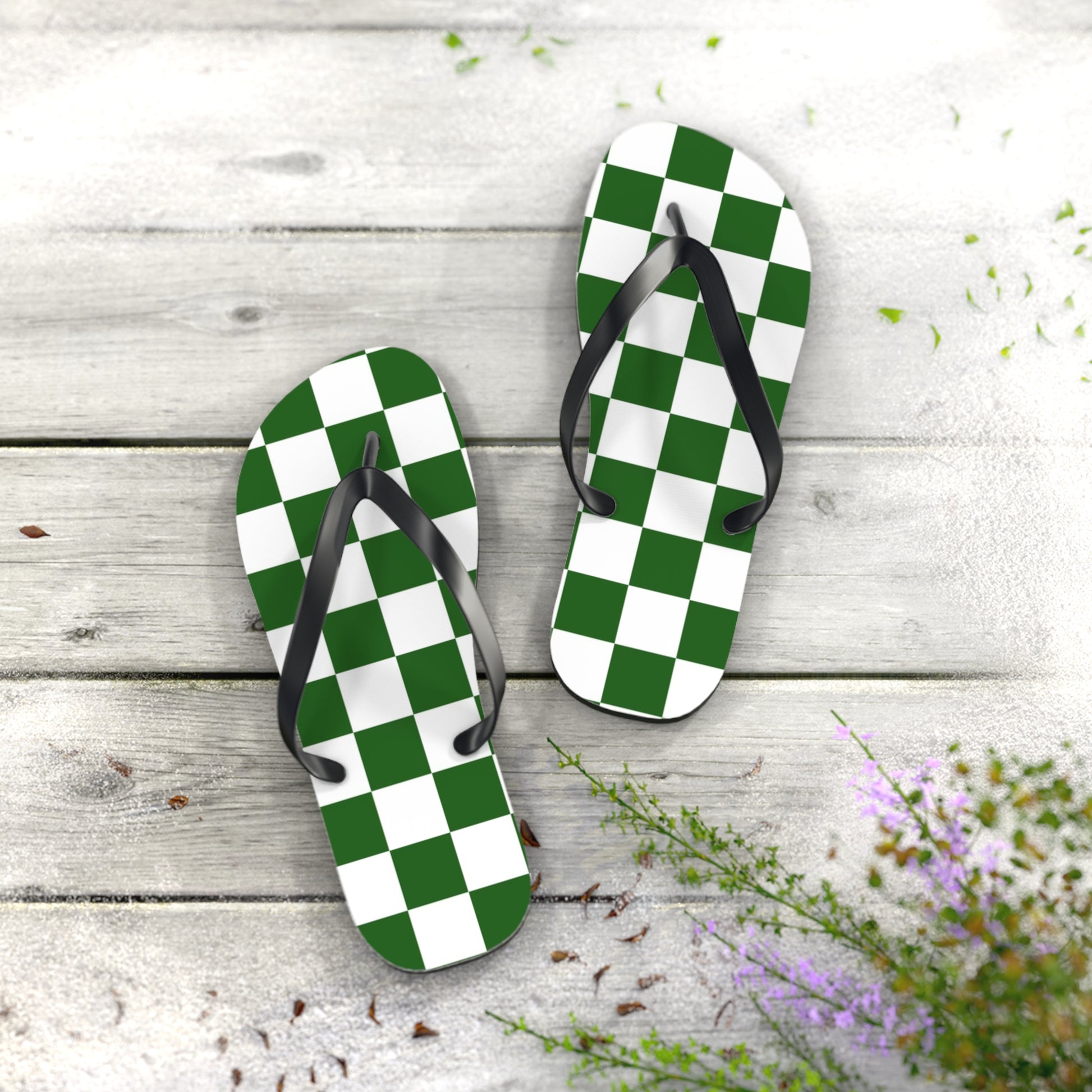 Checkerboard White and Dark Green Flip Flops, Artsulli - Art is Long, Life is Short, Shoes, , , , , , , 