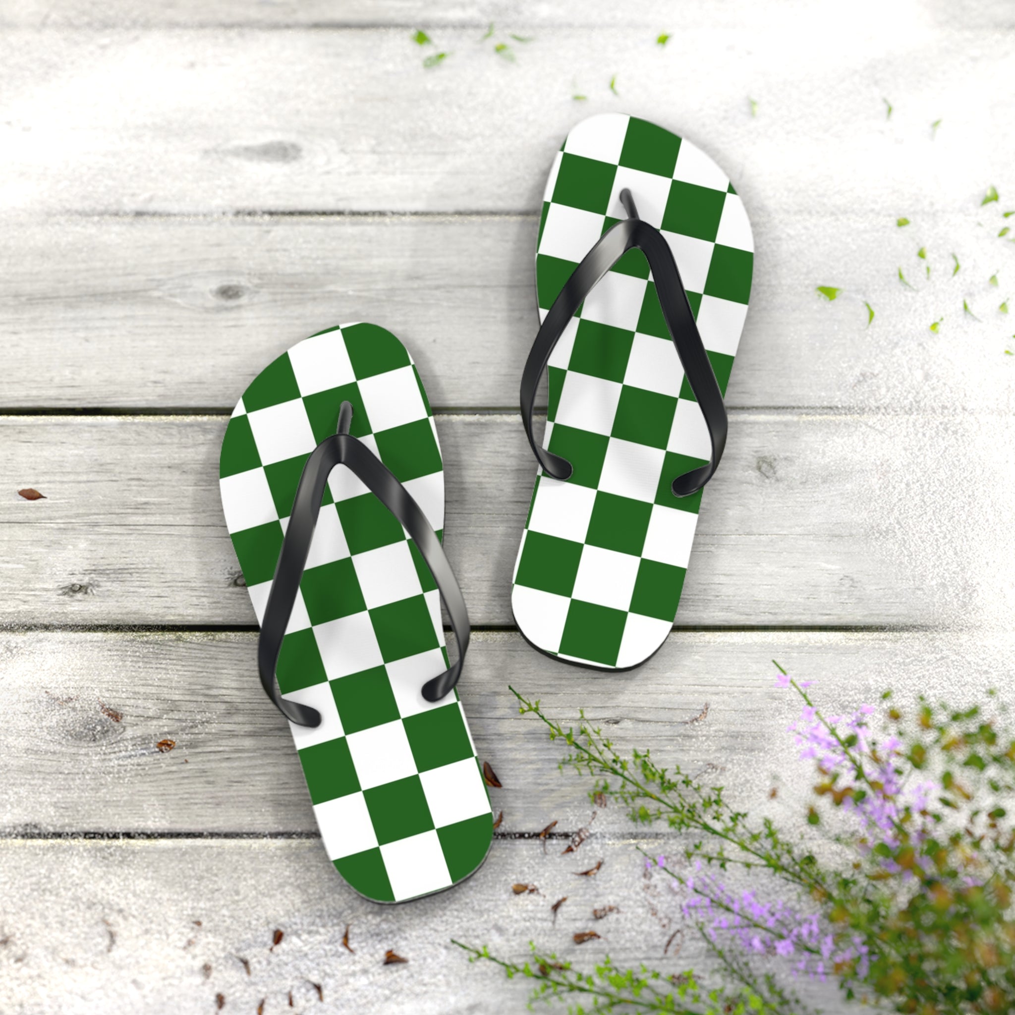 Checkerboard White and Dark Green Flip Flops, Artsulli - Art is Long, Life is Short, Shoes, , , , , , , 