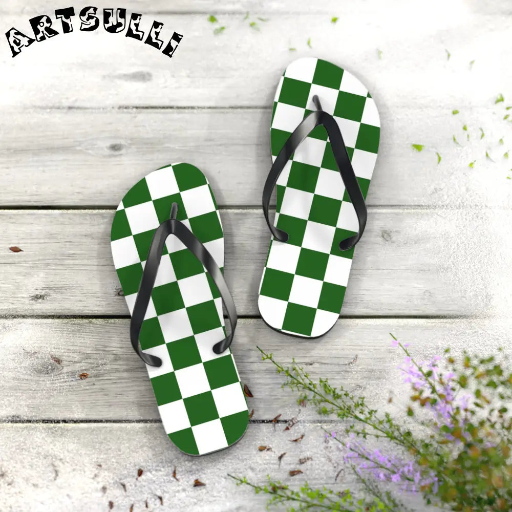 JAKKOUTTHEBXX Checkerboard White and Dark Green Flip Flops