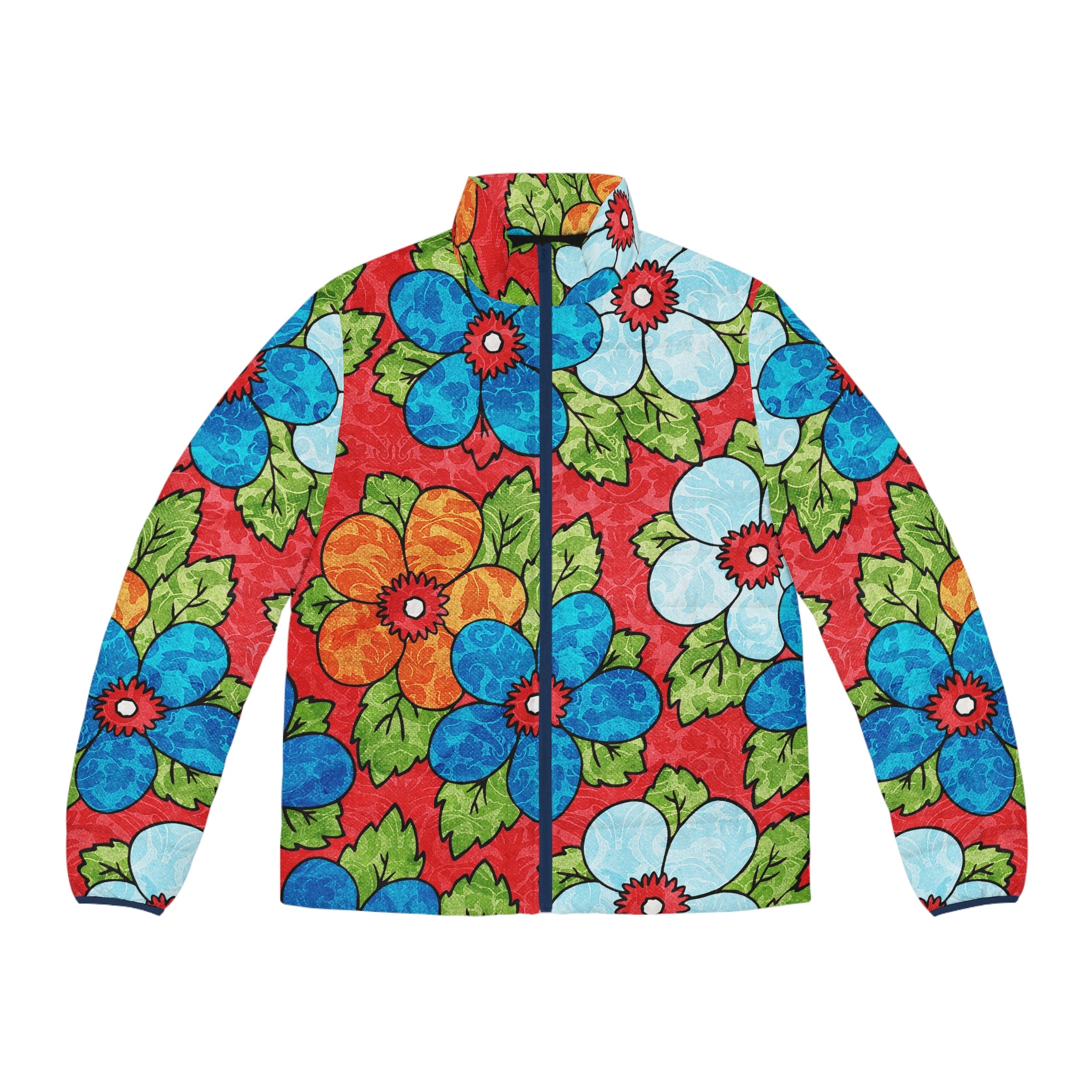 Groovy Red Floral Kl Men's Puffer Jacket (AOP), Artsulli - Art is Long, Life is Short, All Over Prints, Size, S, Color, Dark blue zipper, , , 31046928018210998352