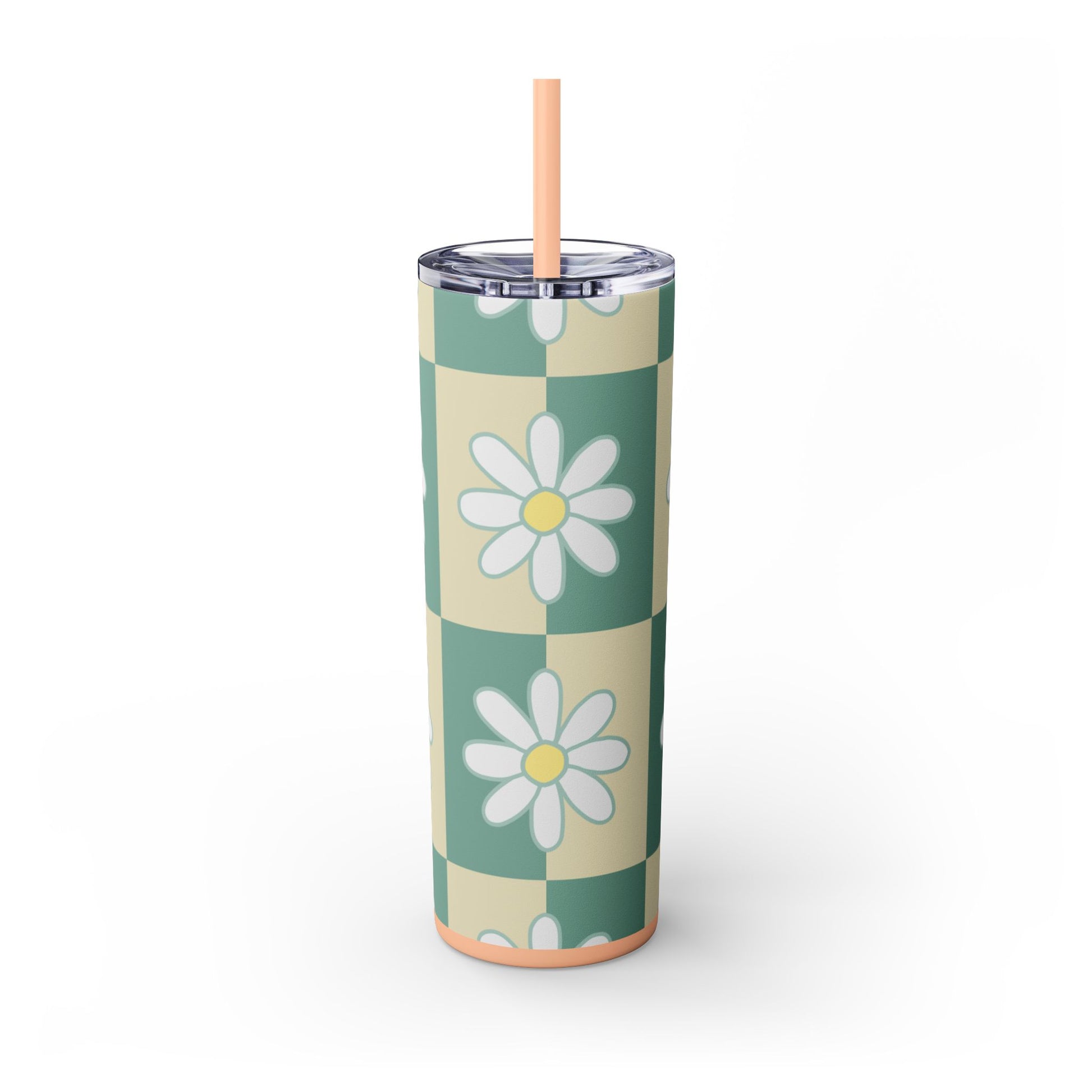 Retro Daisy Checkerboard Green and Tan Skinny Tumbler with Straw, 20oz, Artsulli - Art is Long, Life is Short, Mug, , , , , , , 