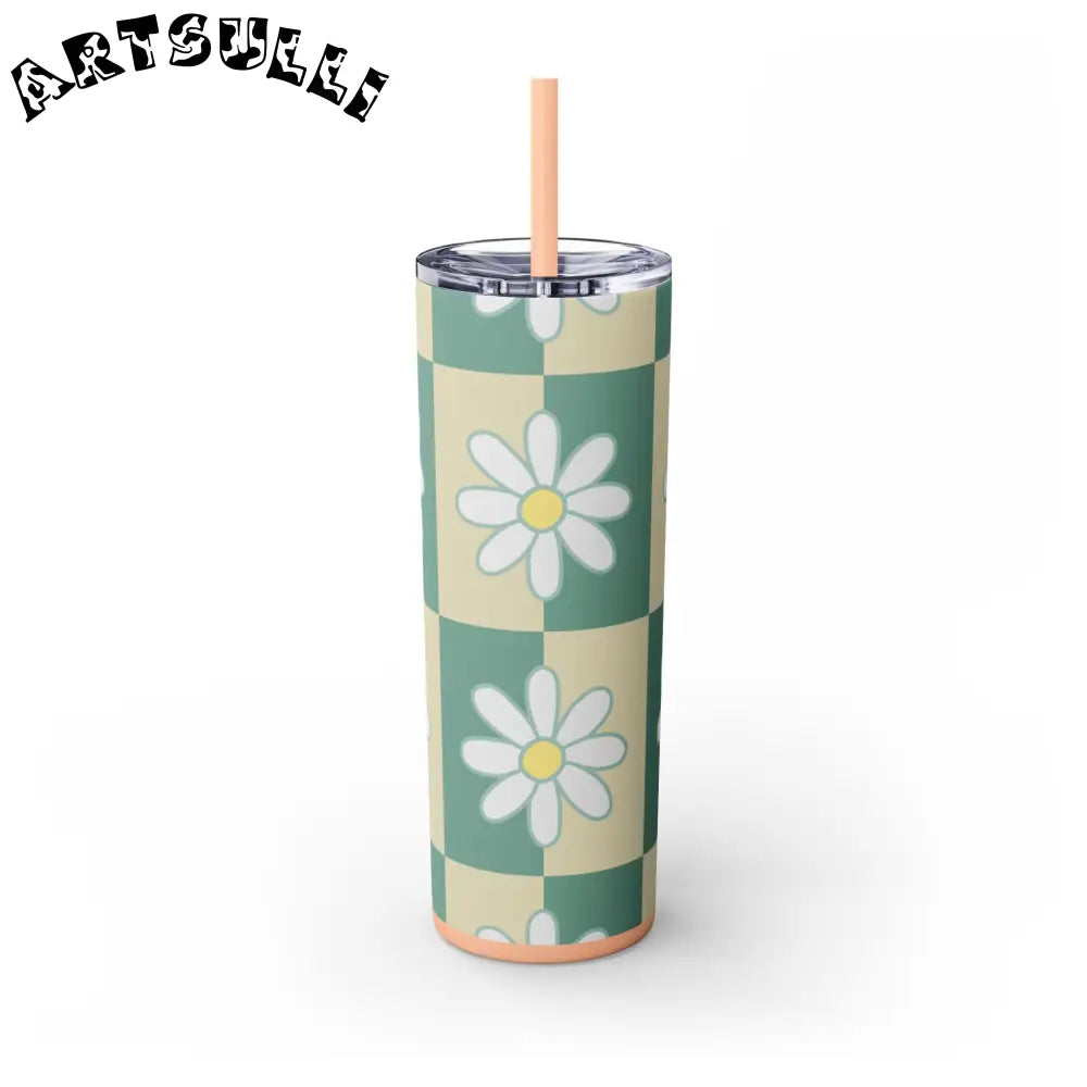 JAKKOUTTHEBXX Retro Daisy Checkerboard Green and Tan Skinny Tumbler