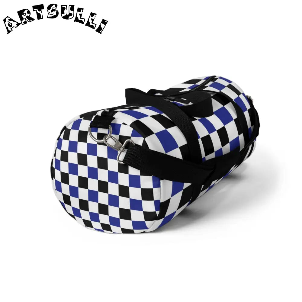 JAKKOUTTHEBXX Checkerboard Blue White and Black Duffel Bag
