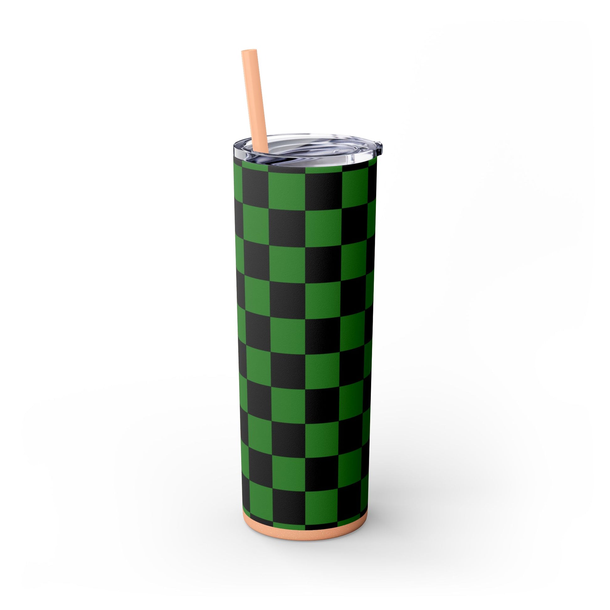Checkerboard Green and Black Skinny Tumbler with Straw, 20oz, Artsulli - Art is Long, Life is Short, Mug, , , , , , , 