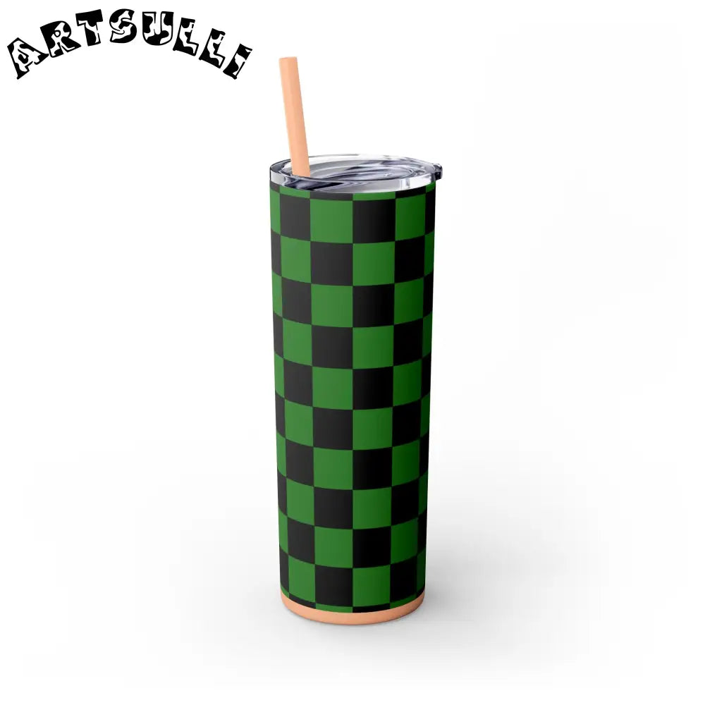 JAKKOUTTHEBXX Checkerboard Green and Black Skinny Tumbler with Straw