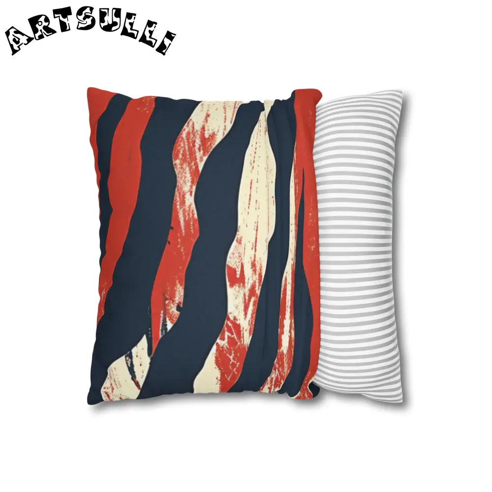 JAKKOUTTHEBXX Abstract Red White Navy Blue Wavy Stripe Square Pillow