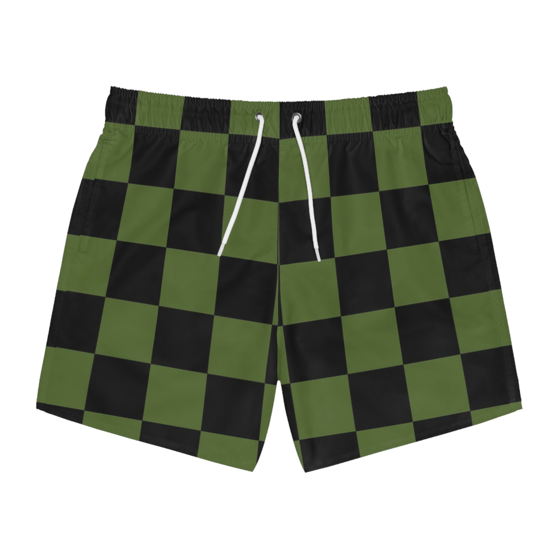 Checkerboard Olive Green and Black Swim Trunks (AOP), Artsulli - Art is Long, Life is Short, All Over Prints, Size, XS, Color, Seam thread color automatically matched to design, , , 69725277515559384692