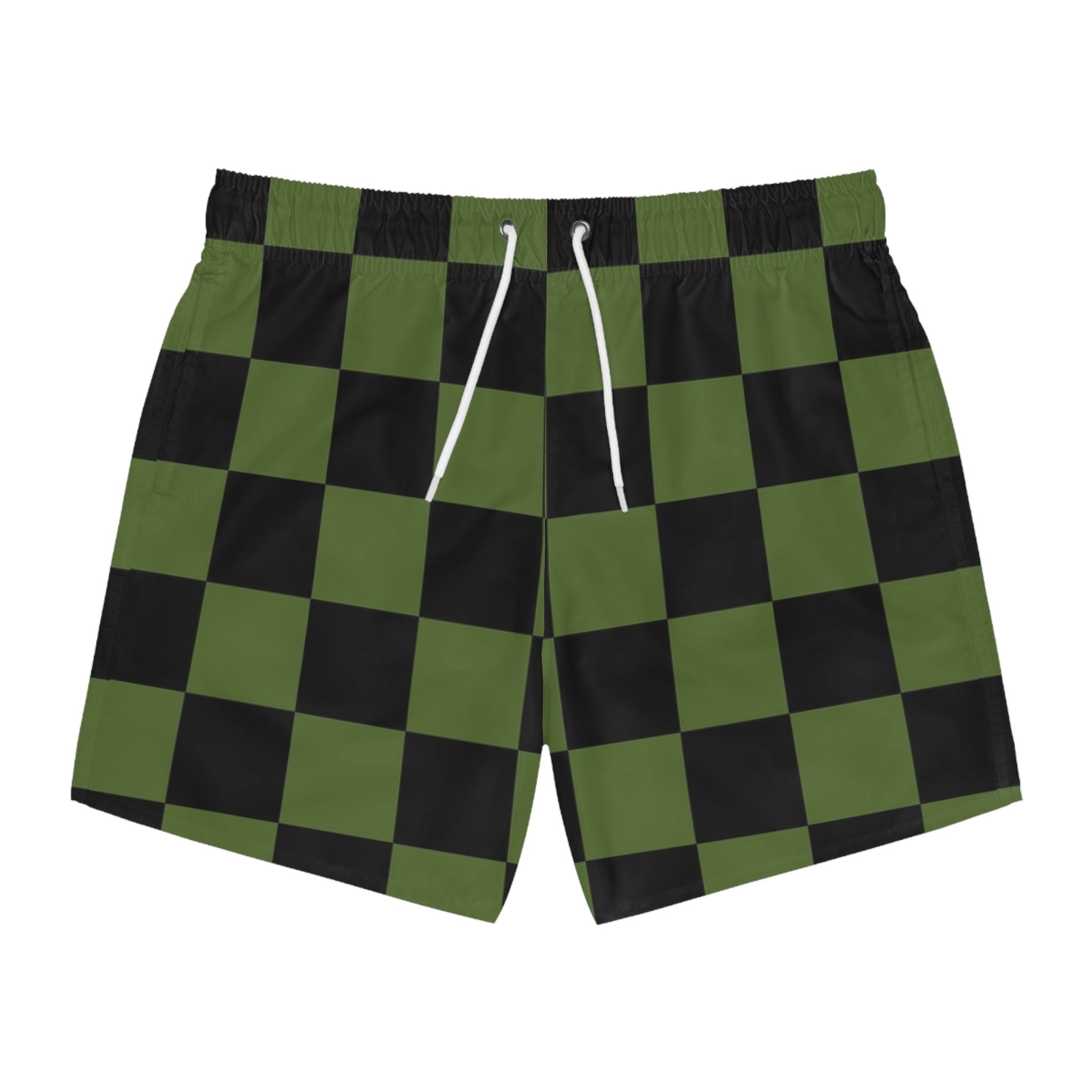 Checkerboard Olive Green and Black Swim Trunks (AOP), Artsulli - Art is Long, Life is Short, All Over Prints, Size, XS, Color, Seam thread color automatically matched to design, , , 69725277515559384692