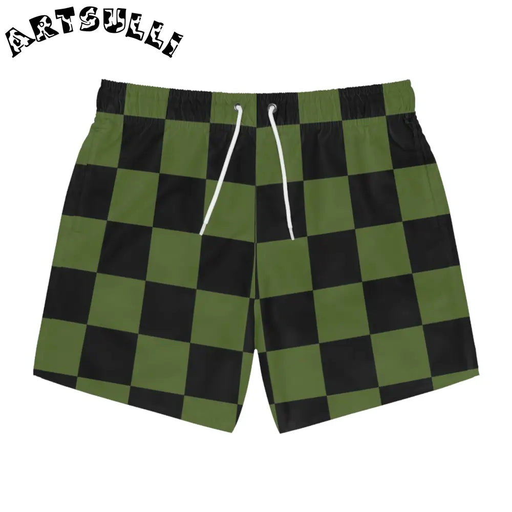 JAKKOUTTHEBXX Checkerboard Olive Green and Black Swim Trunks (AOP)