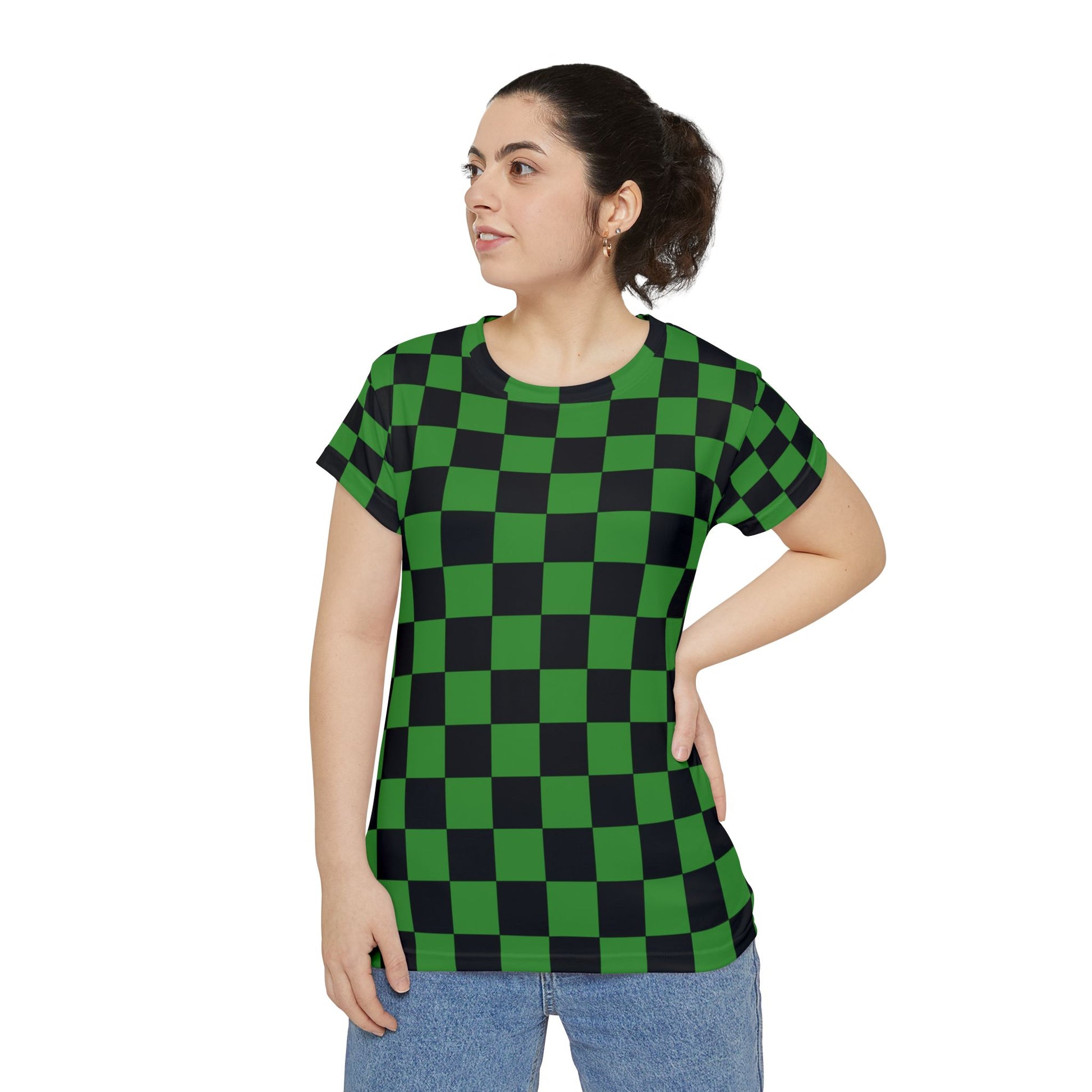 Checkerboard Green and Black Women's Short Sleeve Shirt (AOP), Artsulli - Art is Long, Life is Short, All Over Prints, , , , , , , 