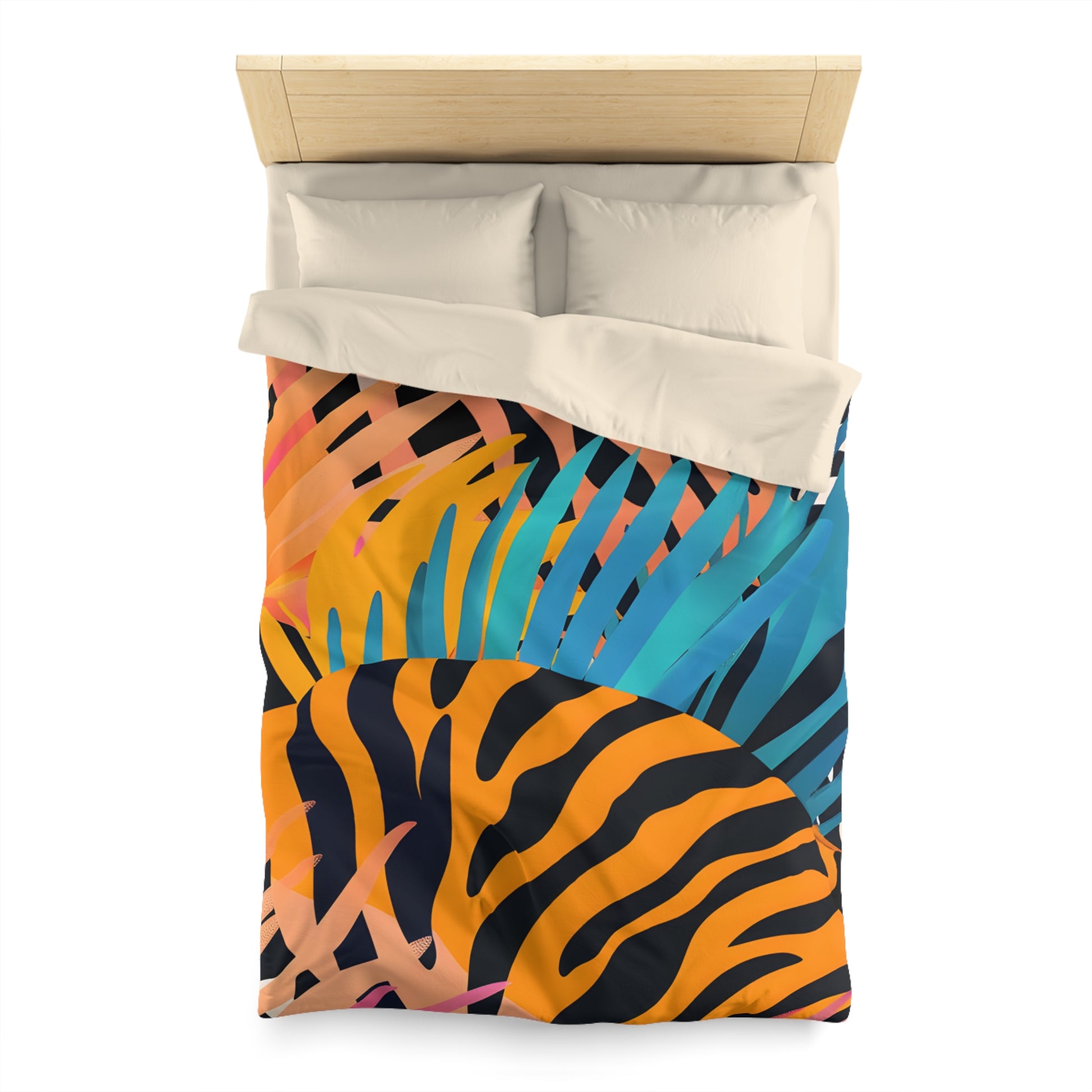 Palm Leaves x Zebra Stripes x  Tiger Stripes Orange and Blue  Microfiber Duvet Cover, Artsulli - Art is Long, Life is Short, Home Decor, , , , , , , 
