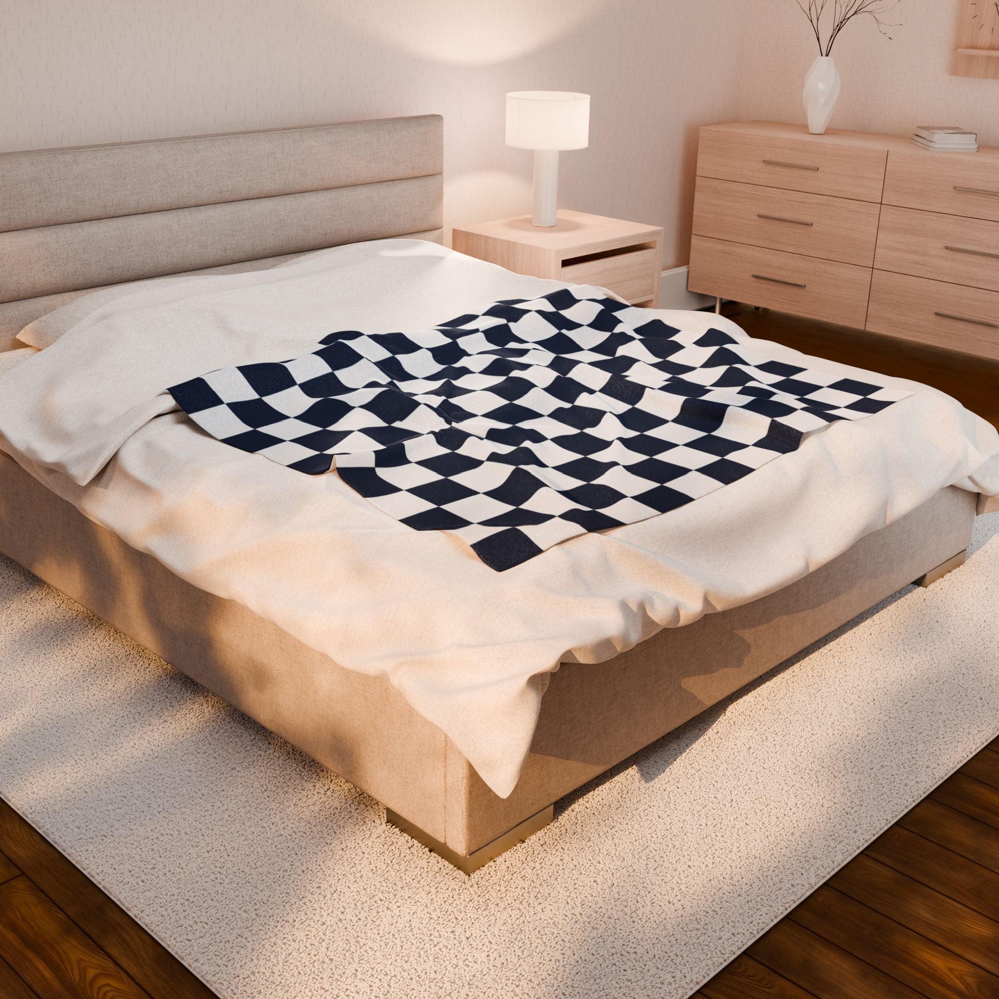 Checkerboard White and Navy Blue Velveteen Plush Blanket, Artsulli - Art is Long, Life is Short, All Over Prints, , , , , , , 