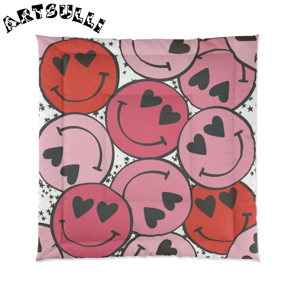 JAKKOUTTHEBXX Smiley Face x Heart Eyes Pink and Red Comforter