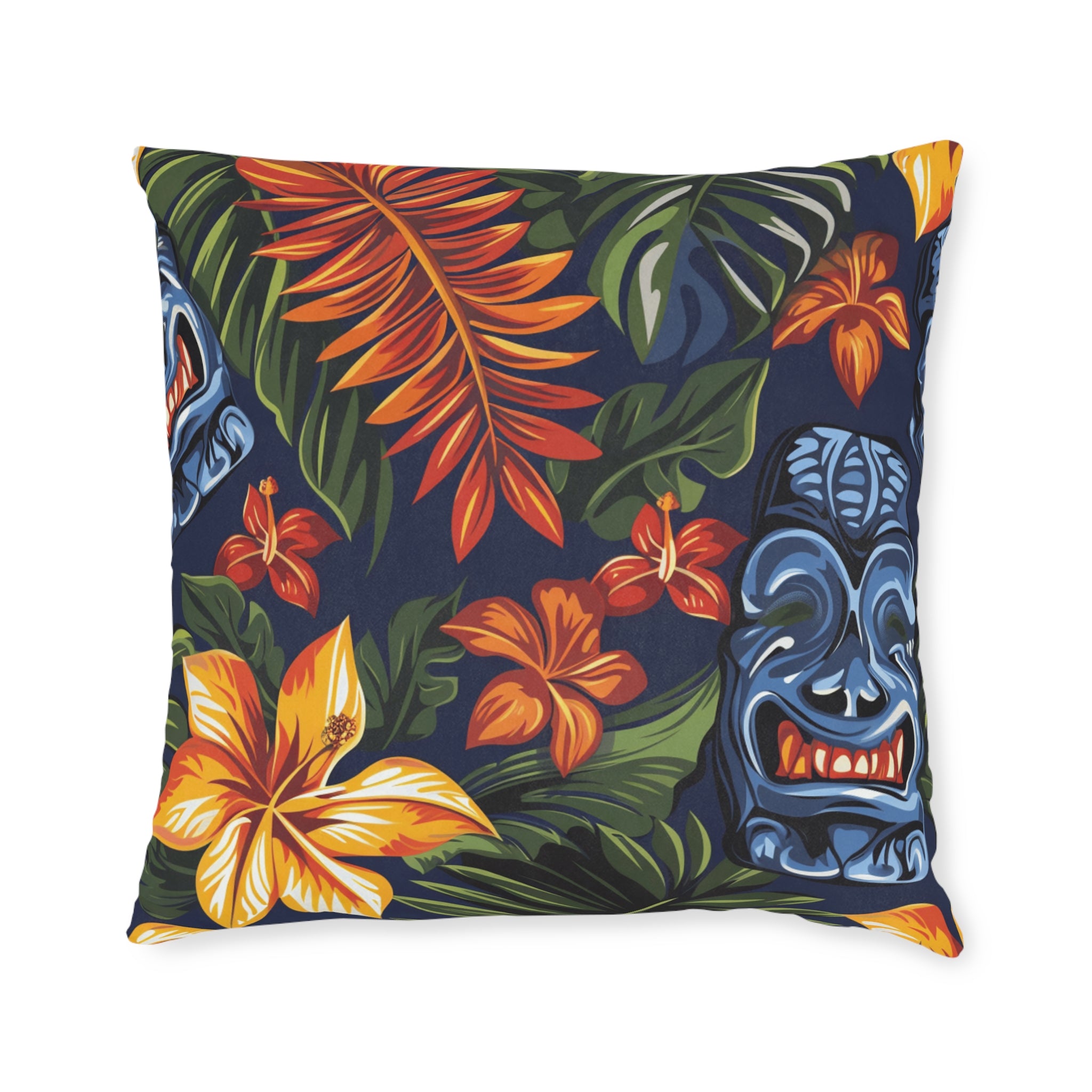 Tiki Bloom Navy Square Pillow, Artsulli - Art is Long, Life is Short, Home Decor, Size, 22" × 22", , , , , 27935086198565000324