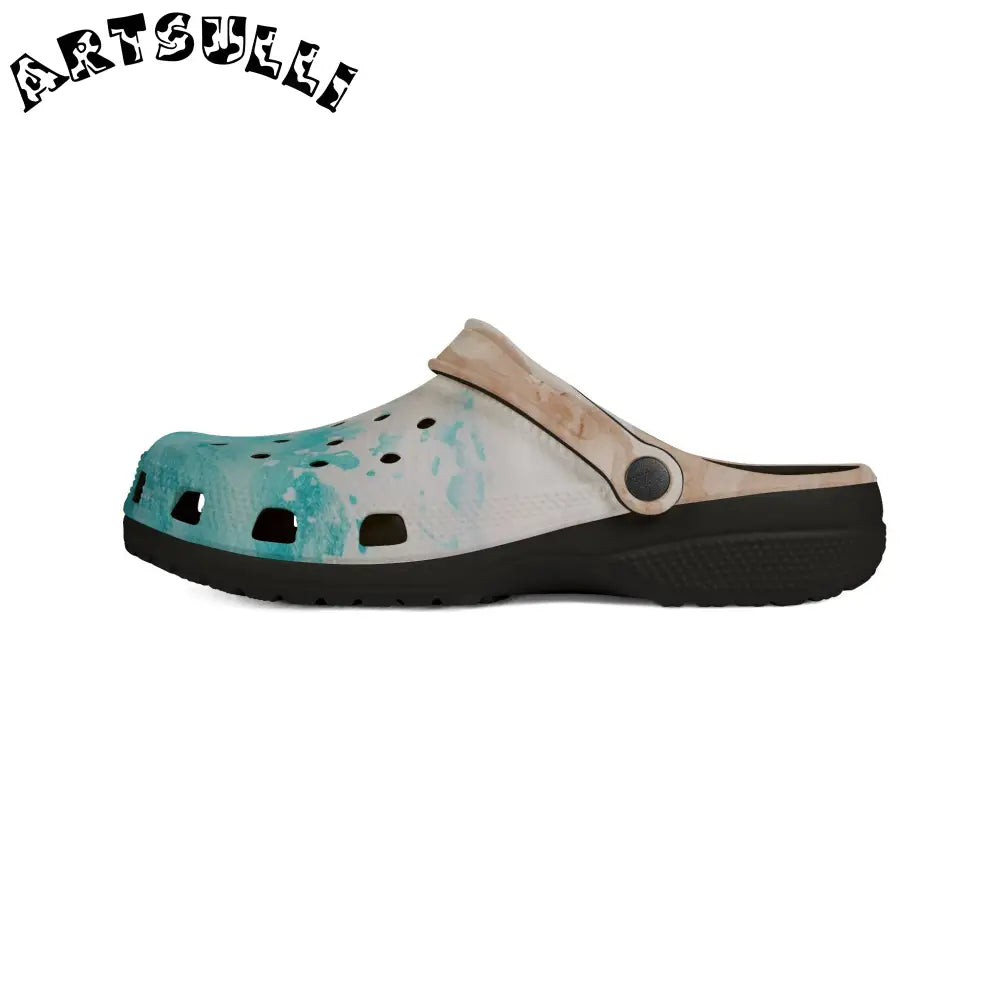 JAKKOUTTHEBXX Teal and Gold Speckled EVA Foam Clogs JAKKOUTTHEBXX