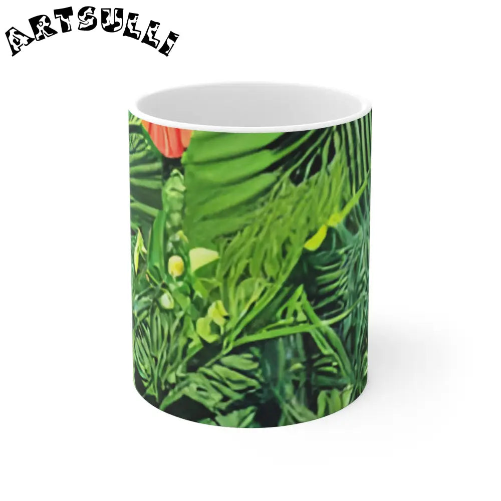 JAKKOUTTHEBXX Vibrant Green and Red Floral Ceramic Mug art work