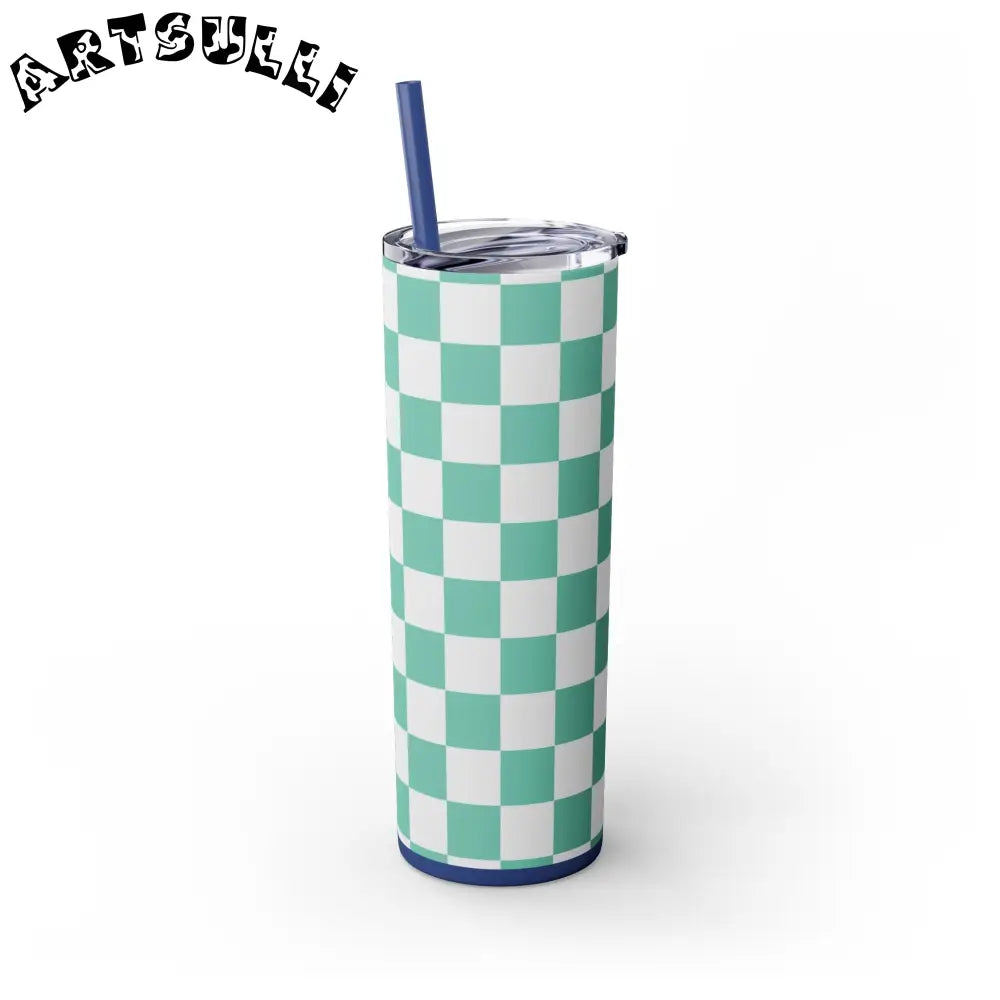 JAKKOUTTHEBXX Checkerboard Light Green Skinny Tumbler with Straw