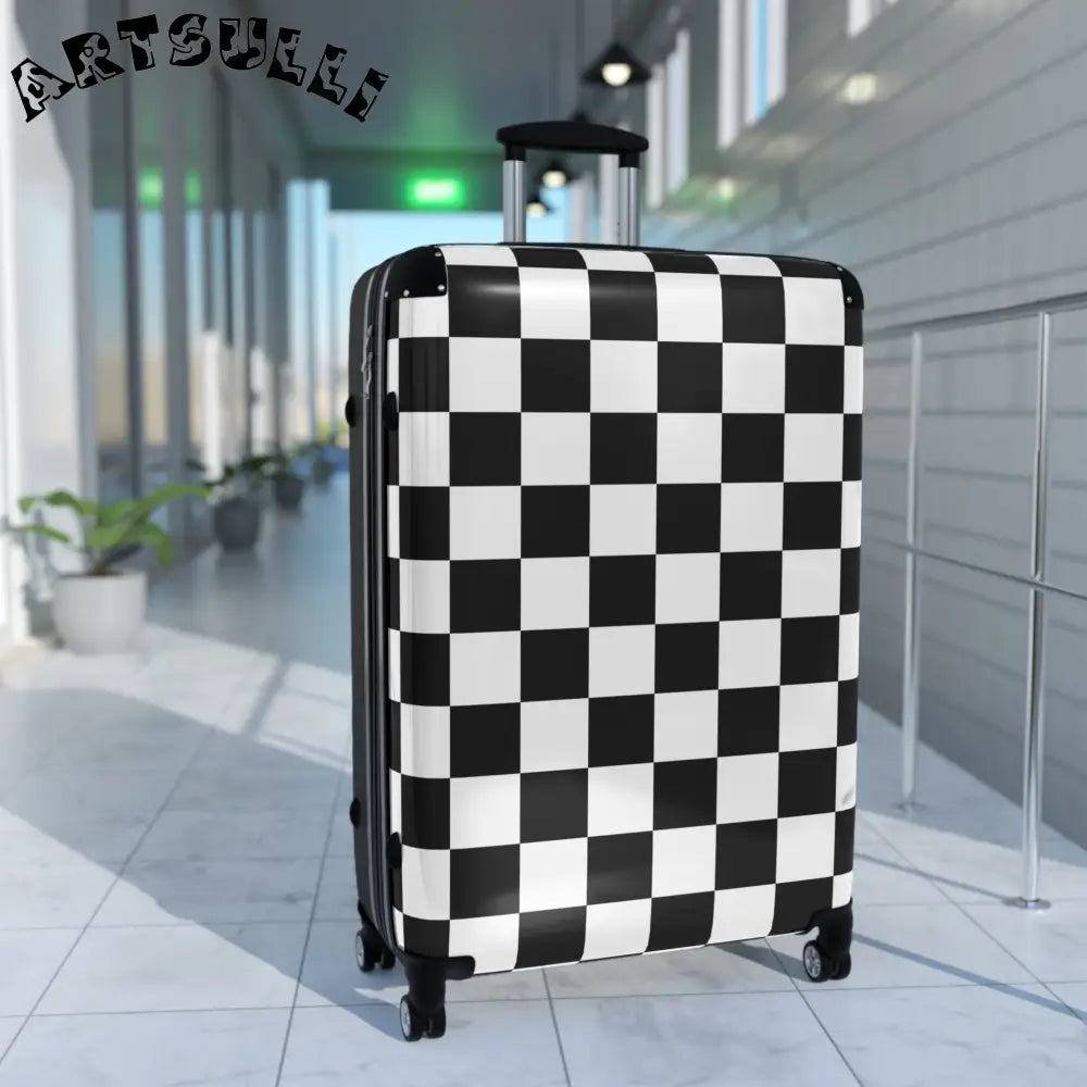 JAKKOUTTHEBXX Checkerboard Black and White Suitcase JAKKOUTTHEBXX