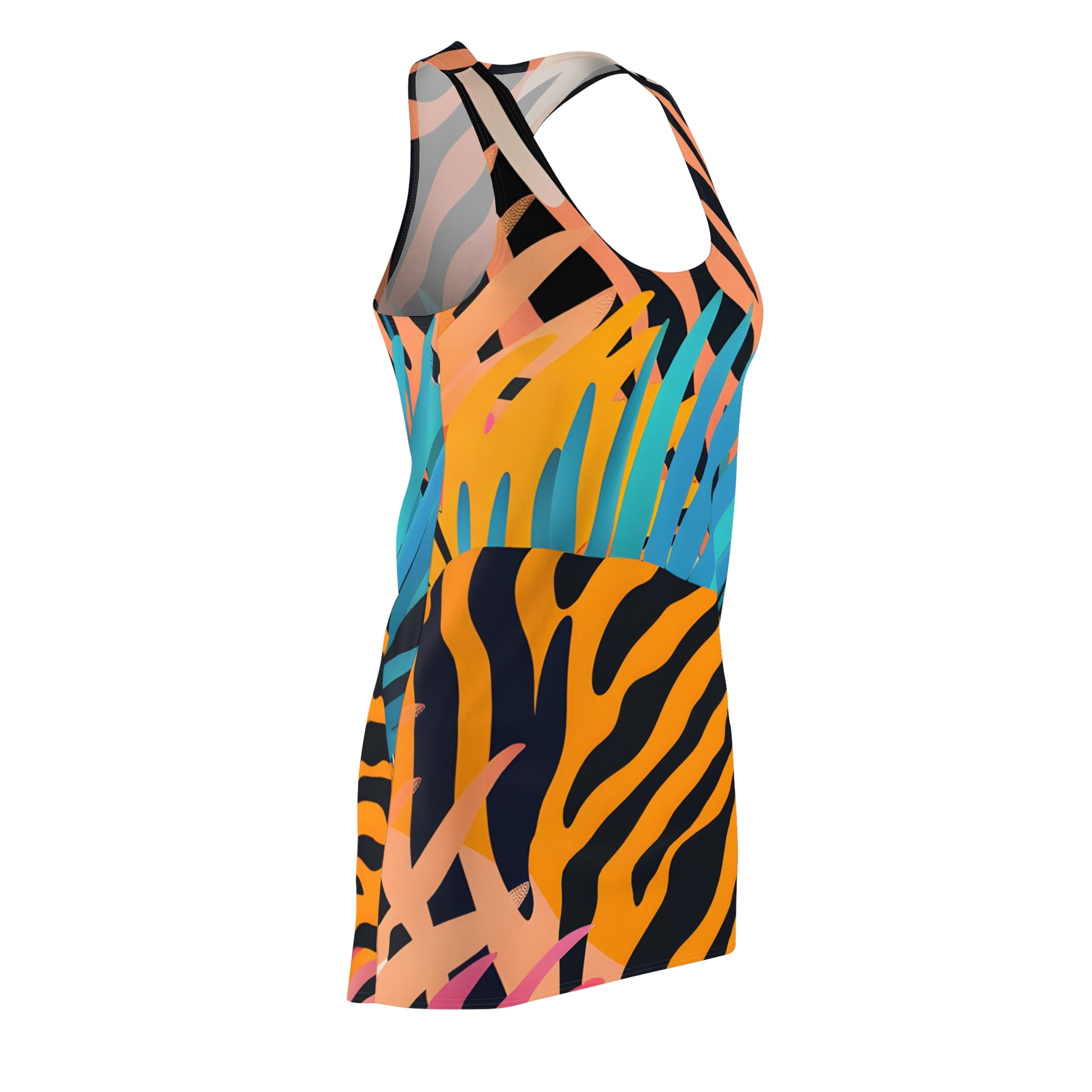 Palm Leaves x Zebra Stripes x  Tiger Stripes Orange and Blue Women's Cut & Sew Racerback Dress (AOP), Artsulli - Art is Long, Life is Short, All Over Prints, , , , , , , 