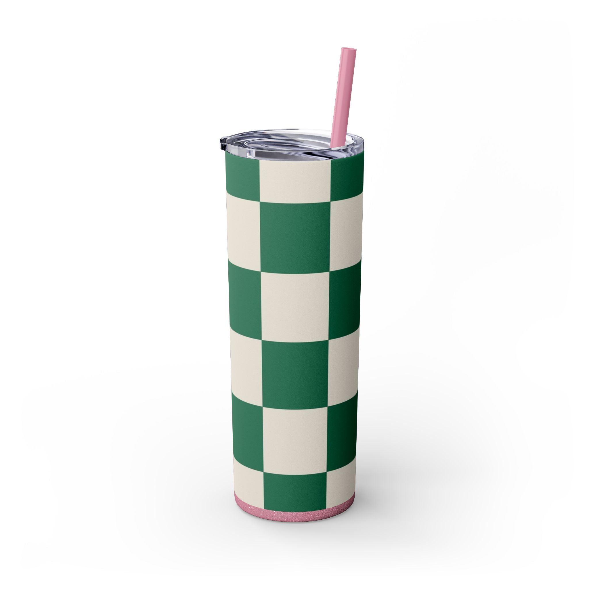 Checkerboard Dark Green Skinny Tumbler with Straw, 20oz, Artsulli - Art is Long, Life is Short, Mug, , , , , , , 