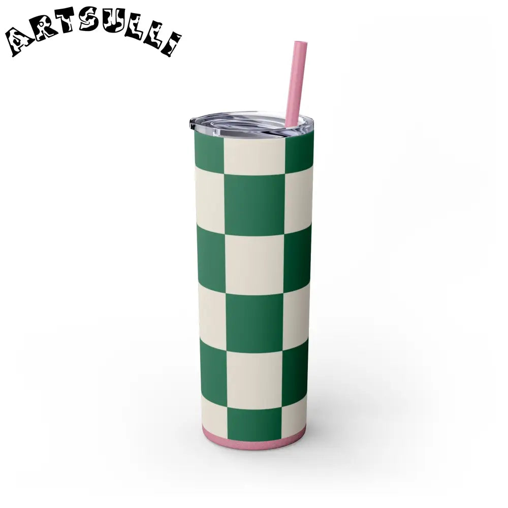 JAKKOUTTHEBXX Checkerboard Dark Green Skinny Tumbler with Straw 20oz